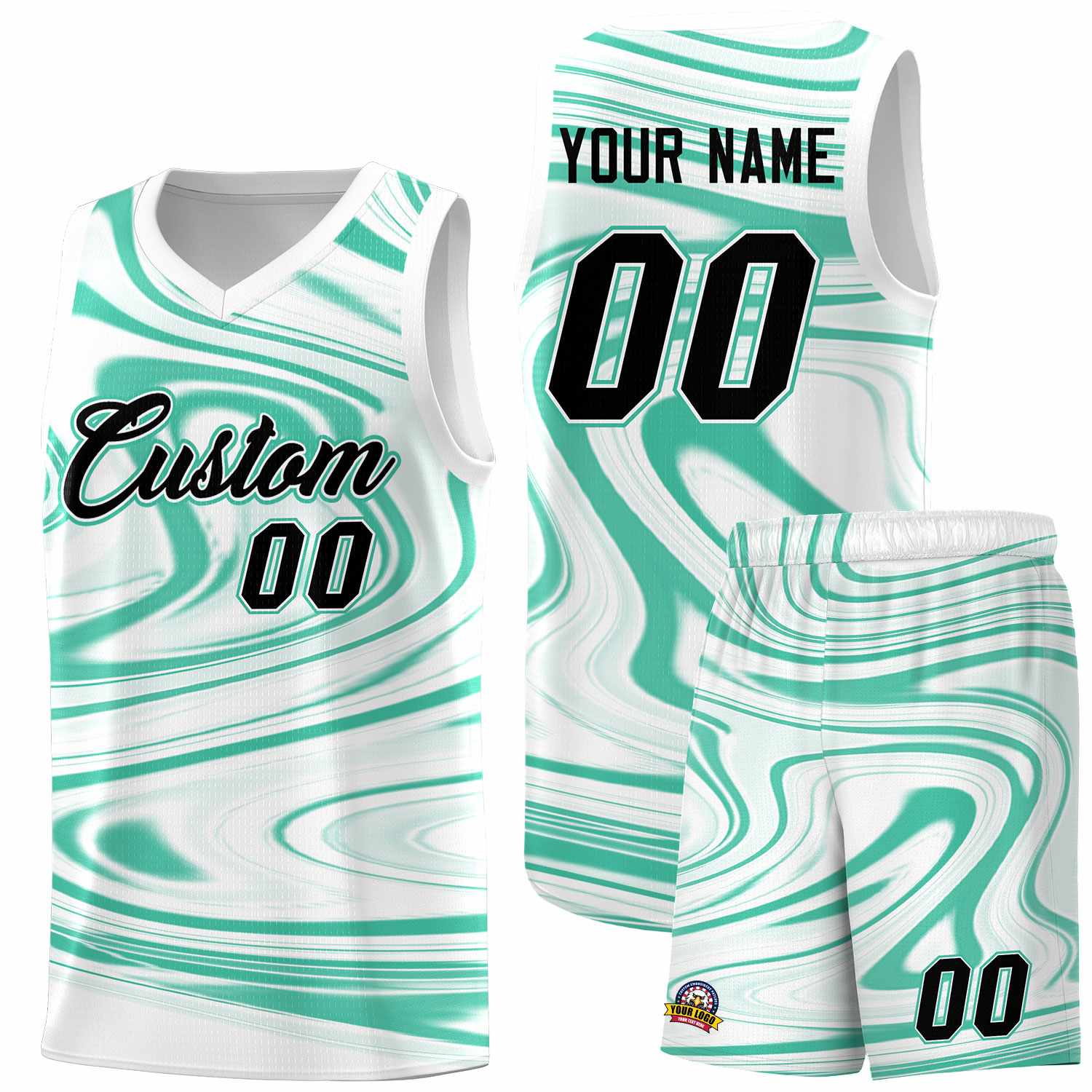 Custom White Bright Green Graffiti Pattern Fluids Style Sports Uniform Basketball Jersey Sets