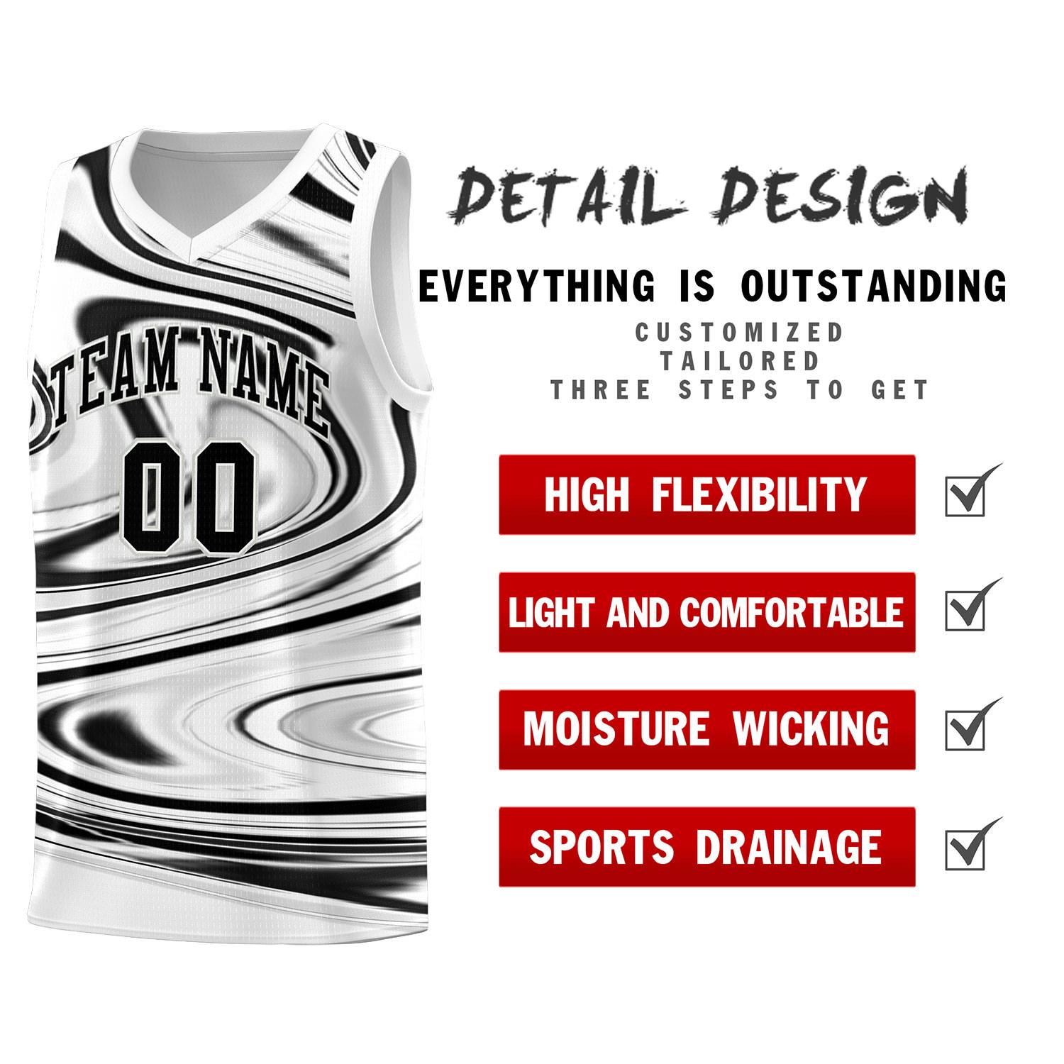 Custom White Black Graffiti Pattern Fluids Style Sports Uniform Basketball Jersey Sets