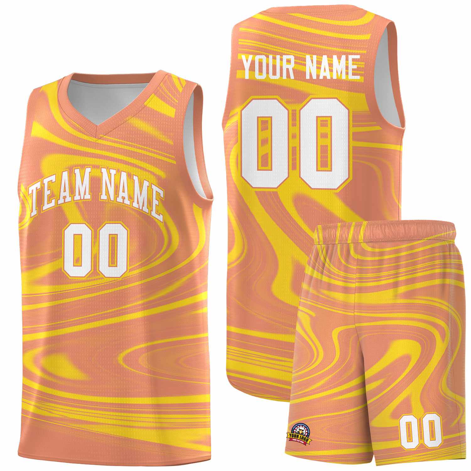 Custom Light Orange Gold Graffiti Pattern Fluids Style Sports Uniform Basketball Jersey Sets