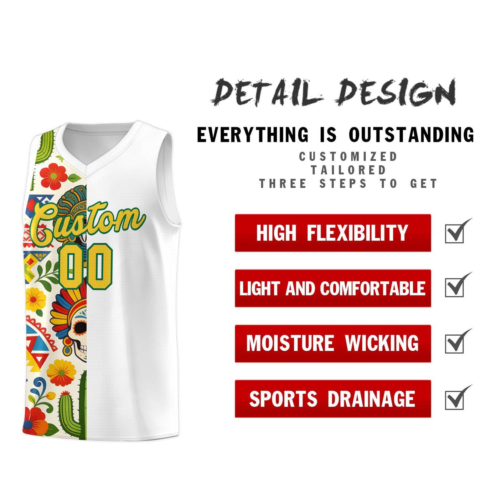 Custom White Skeleton Mexican Colors Graffiti Patterns Breathable Uniform Basketball Jersey