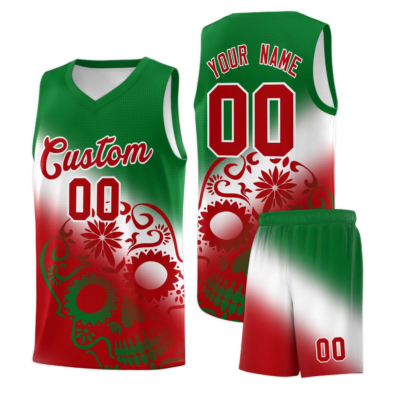 Custom White Kelly Green Red Mexican Colors Graffiti Patterns Lightweight Uniform Basketball Jersey