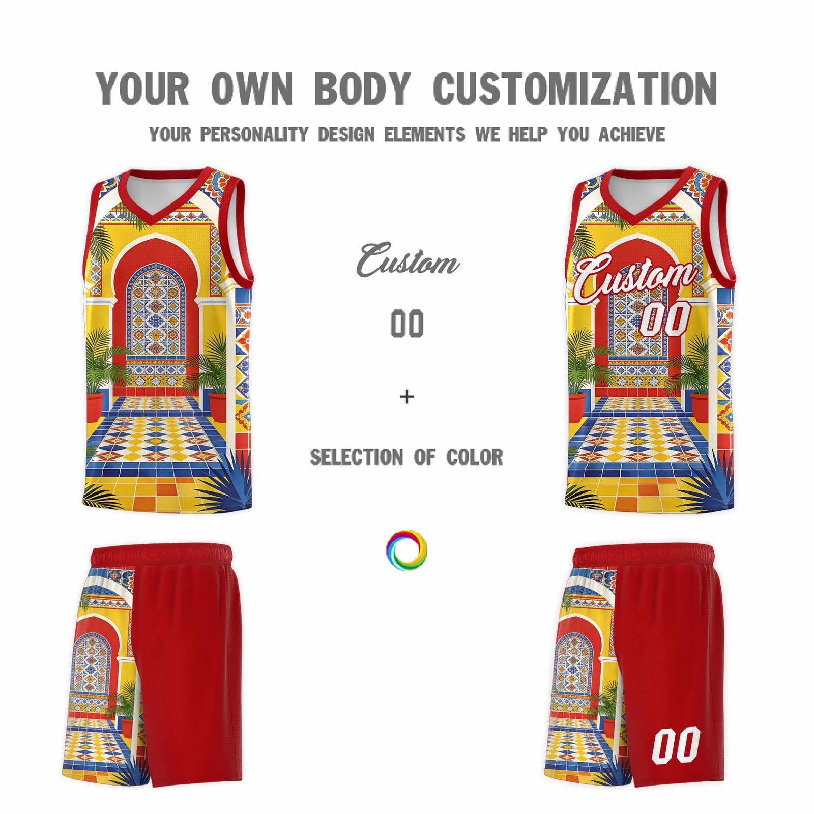 Custom Palace pattern Red Mexican Colors Graffiti Patterns Sublimation Printing Uniform Basketball Jersey