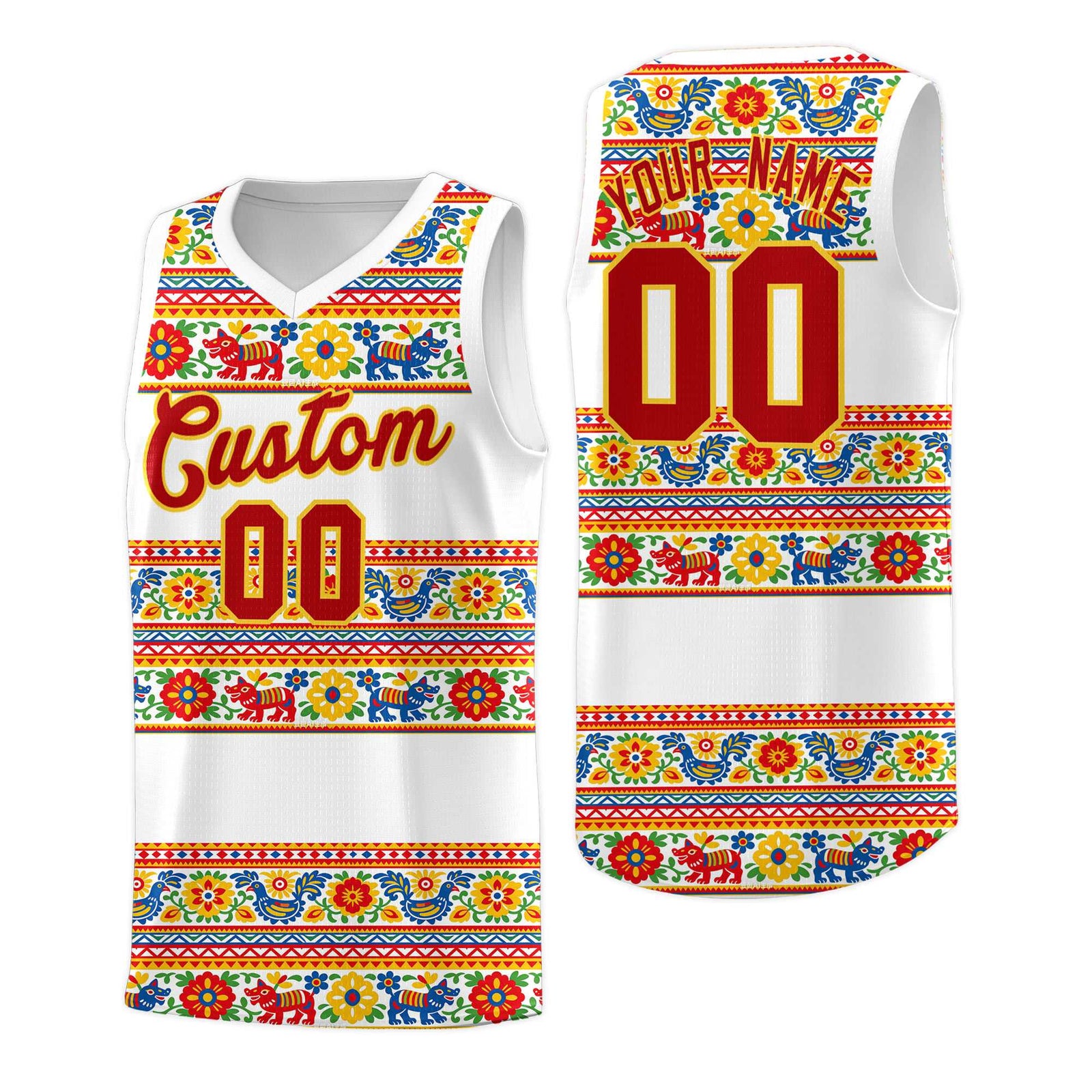 Custom White Colorfulflower pattern Mexican Colors Graffiti Patterns Quick-Drying Uniform Basketball Jersey