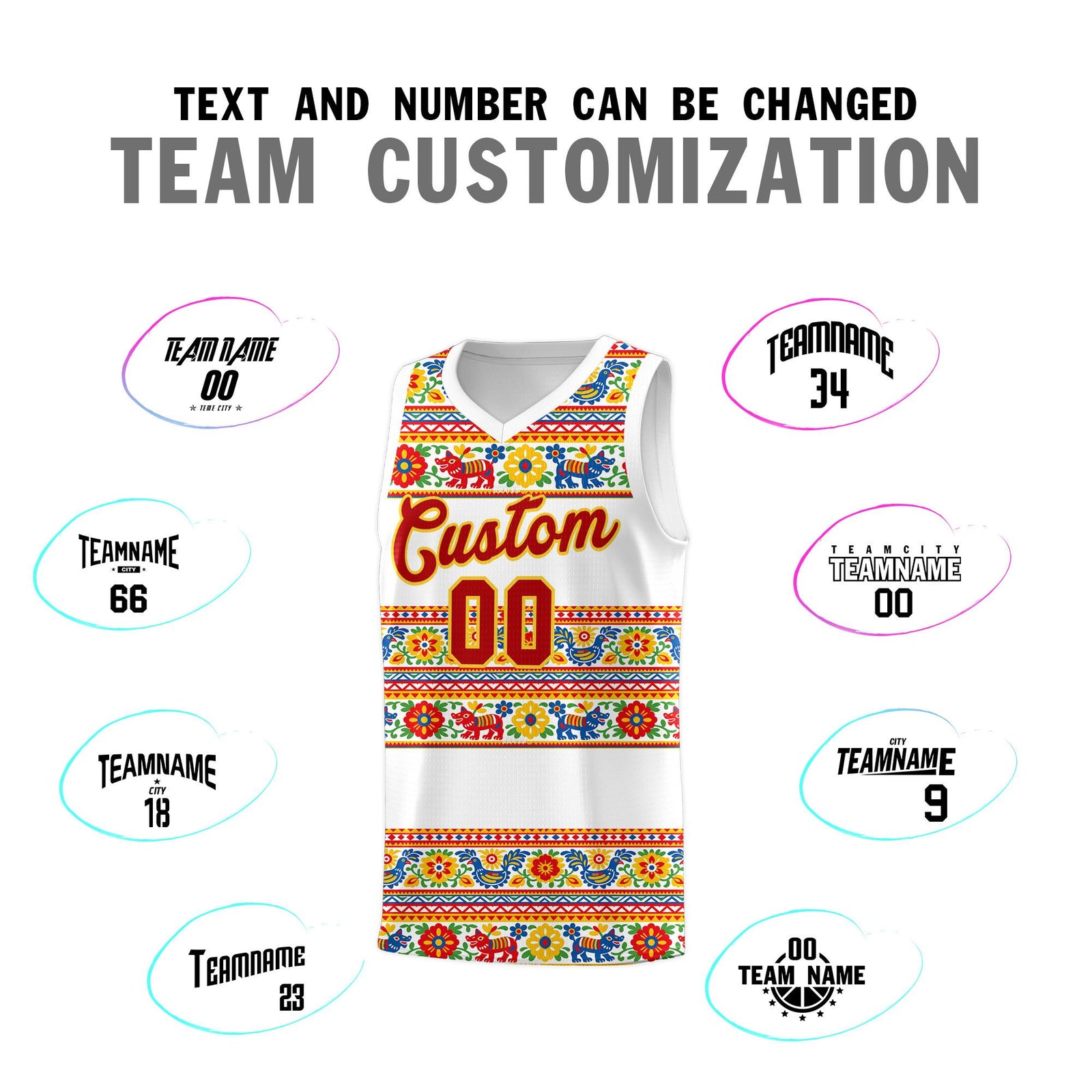 Custom White Colorfulflower pattern Mexican Colors Graffiti Patterns Quick-Drying Uniform Basketball Jersey