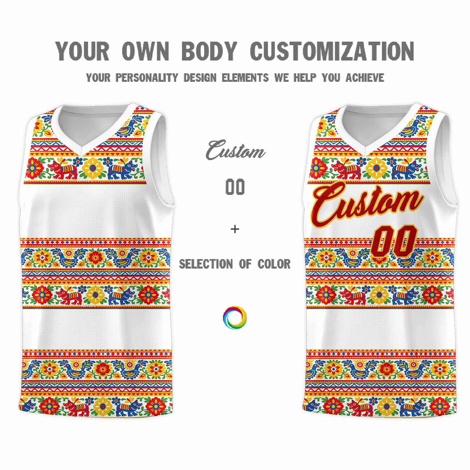 Custom White Colorfulflower pattern Mexican Colors Graffiti Patterns Quick-Drying Uniform Basketball Jersey