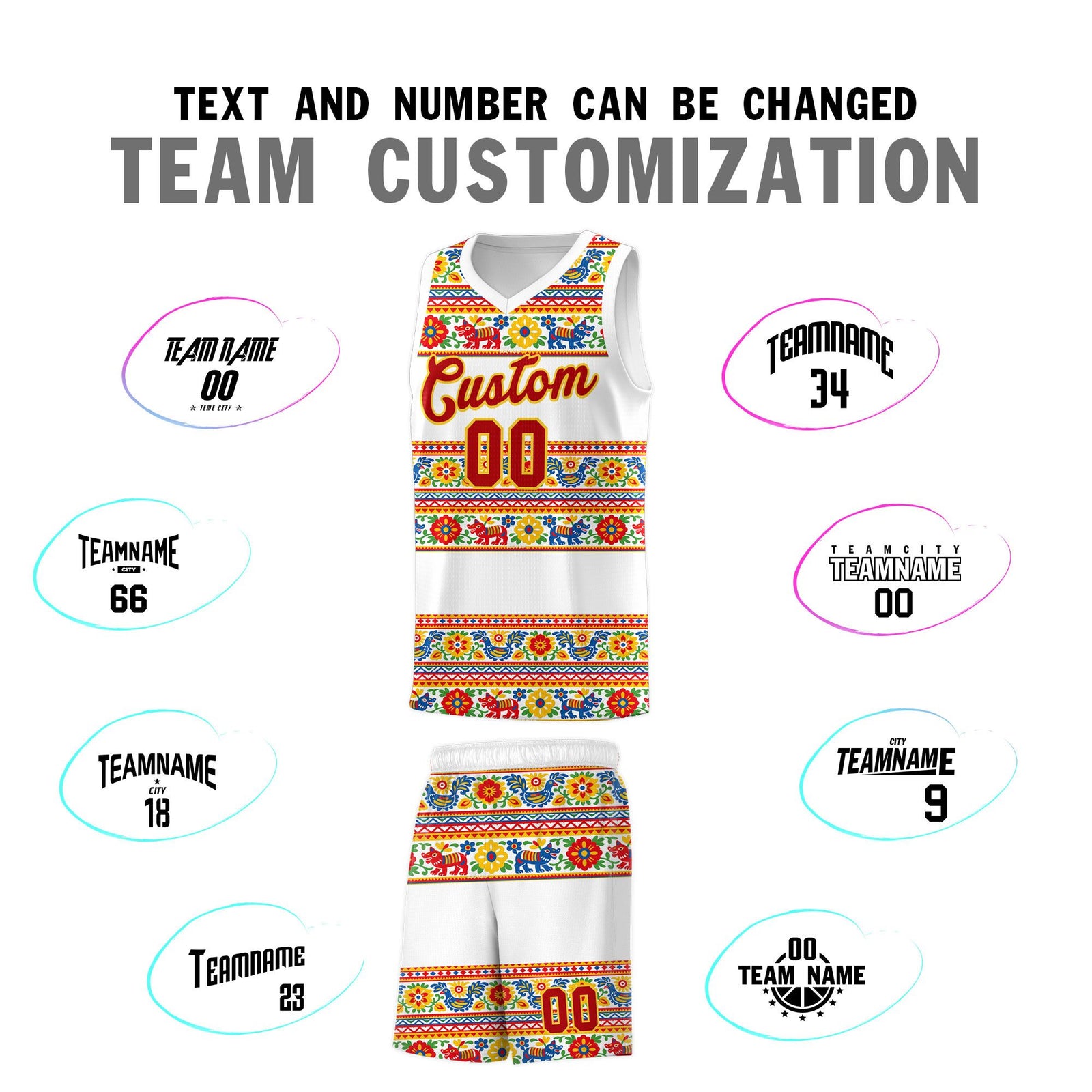 Custom White Colorfulflower pattern Mexican Colors Graffiti Patterns Quick-Drying Uniform Basketball Jersey