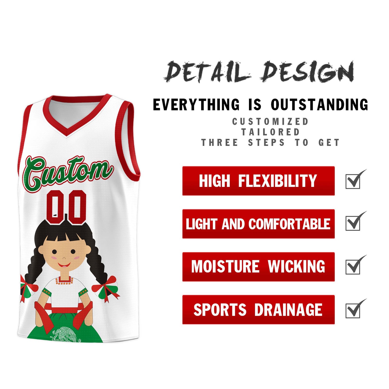Custom White Red Mexican Colors Graffiti Patterns Sublimation Printing Uniform Basketball Jersey