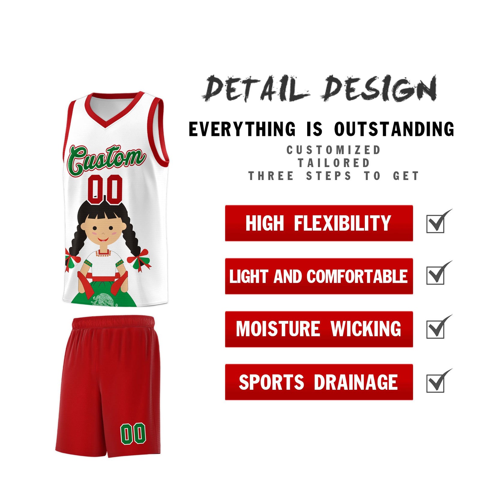 Custom White Red Mexican Colors Graffiti Patterns Sublimation Printing Uniform Basketball Jersey