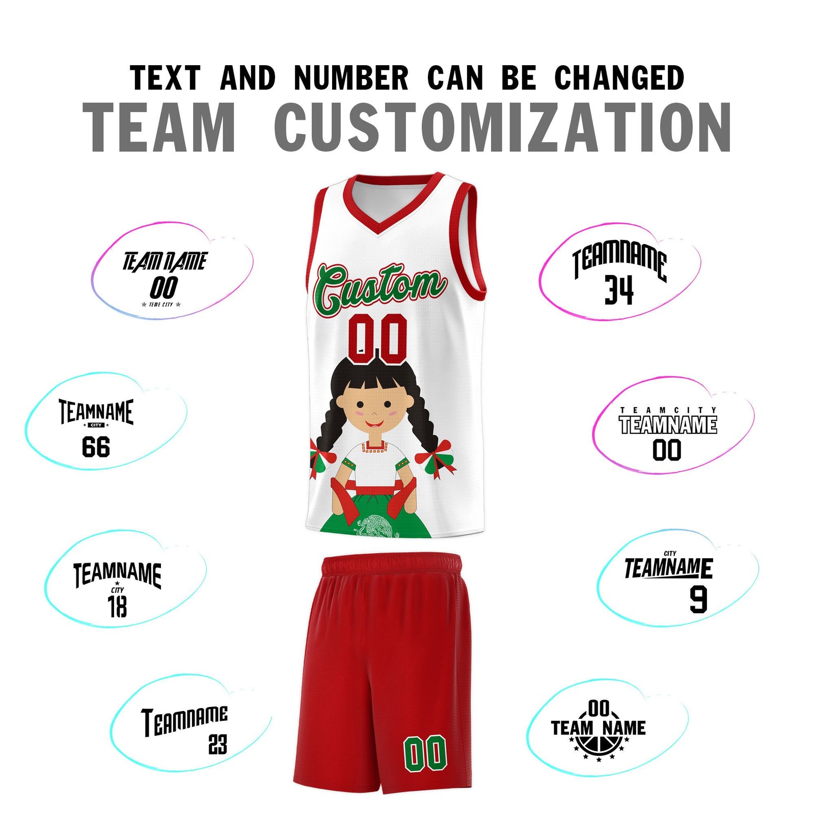 Custom White Red Mexican Colors Graffiti Patterns Sublimation Printing Uniform Basketball Jersey