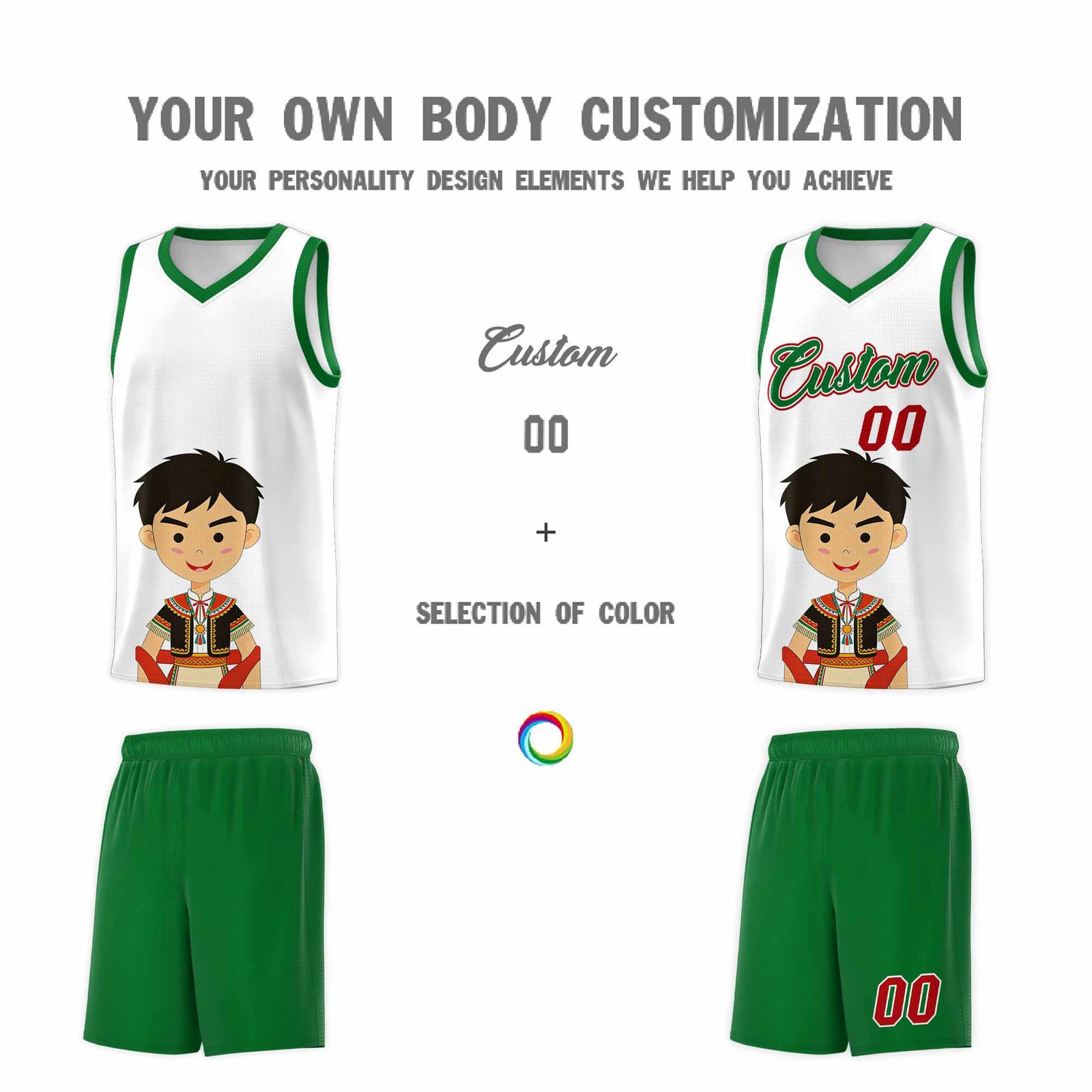 Custom White Kelly Green Mexican Colors Graffiti Patterns Breathable Uniform Basketball Jersey