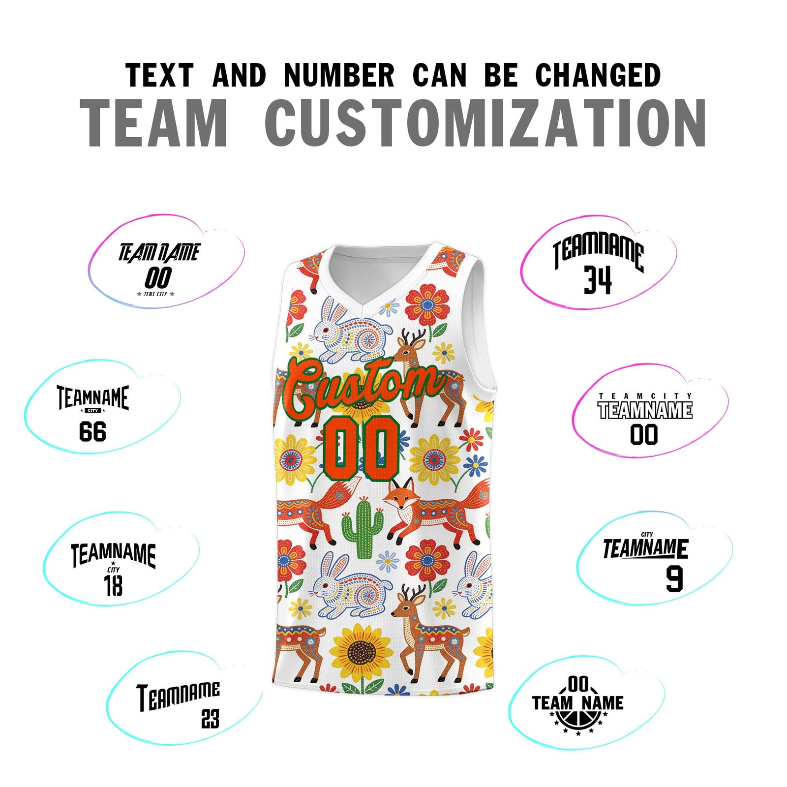 Custom White Chrysanthemum OrangeMexican Colors Graffiti Patterns Quick-Drying Uniform Basketball Jersey