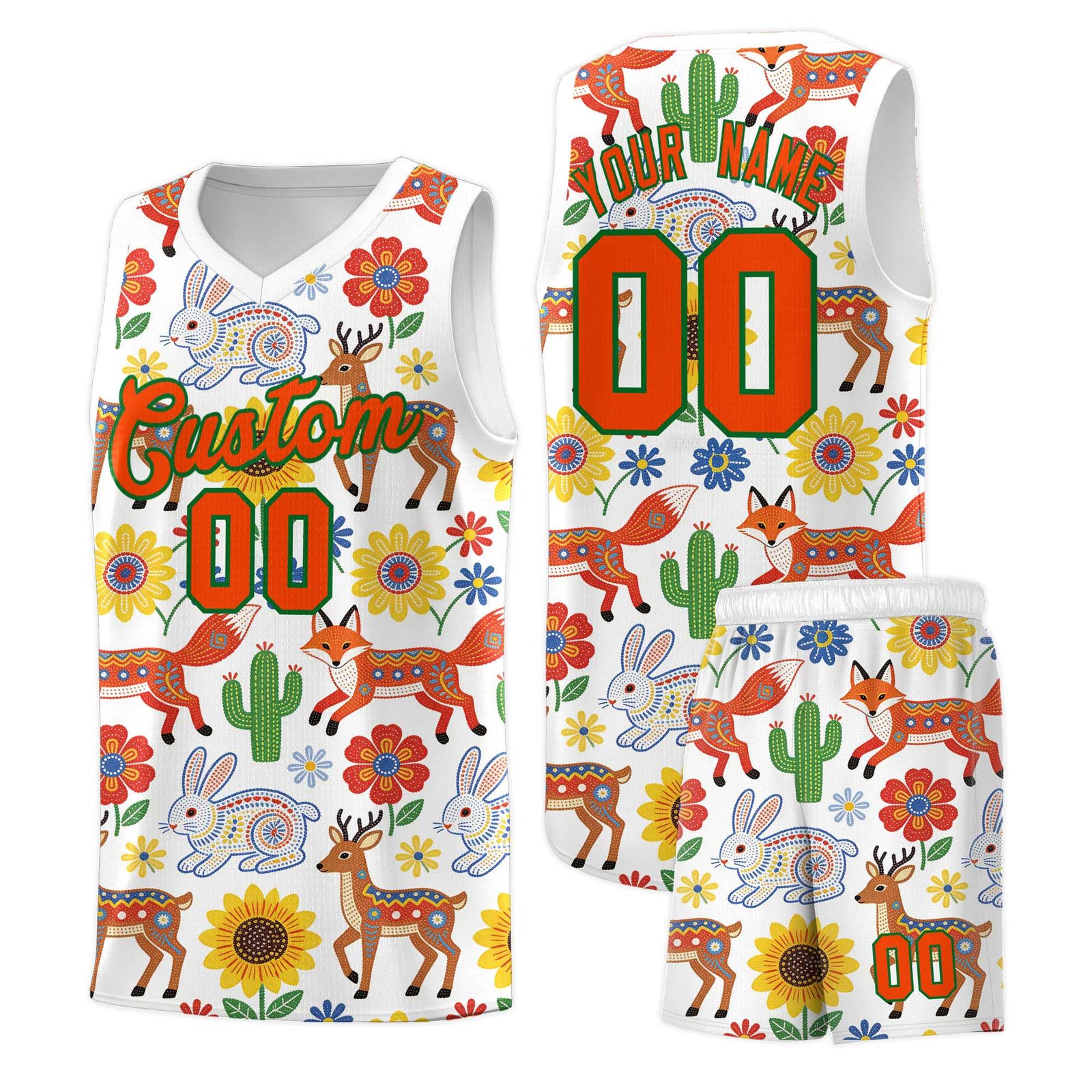 Custom White Chrysanthemum OrangeMexican Colors Graffiti Patterns Quick-Drying Uniform Basketball Jersey