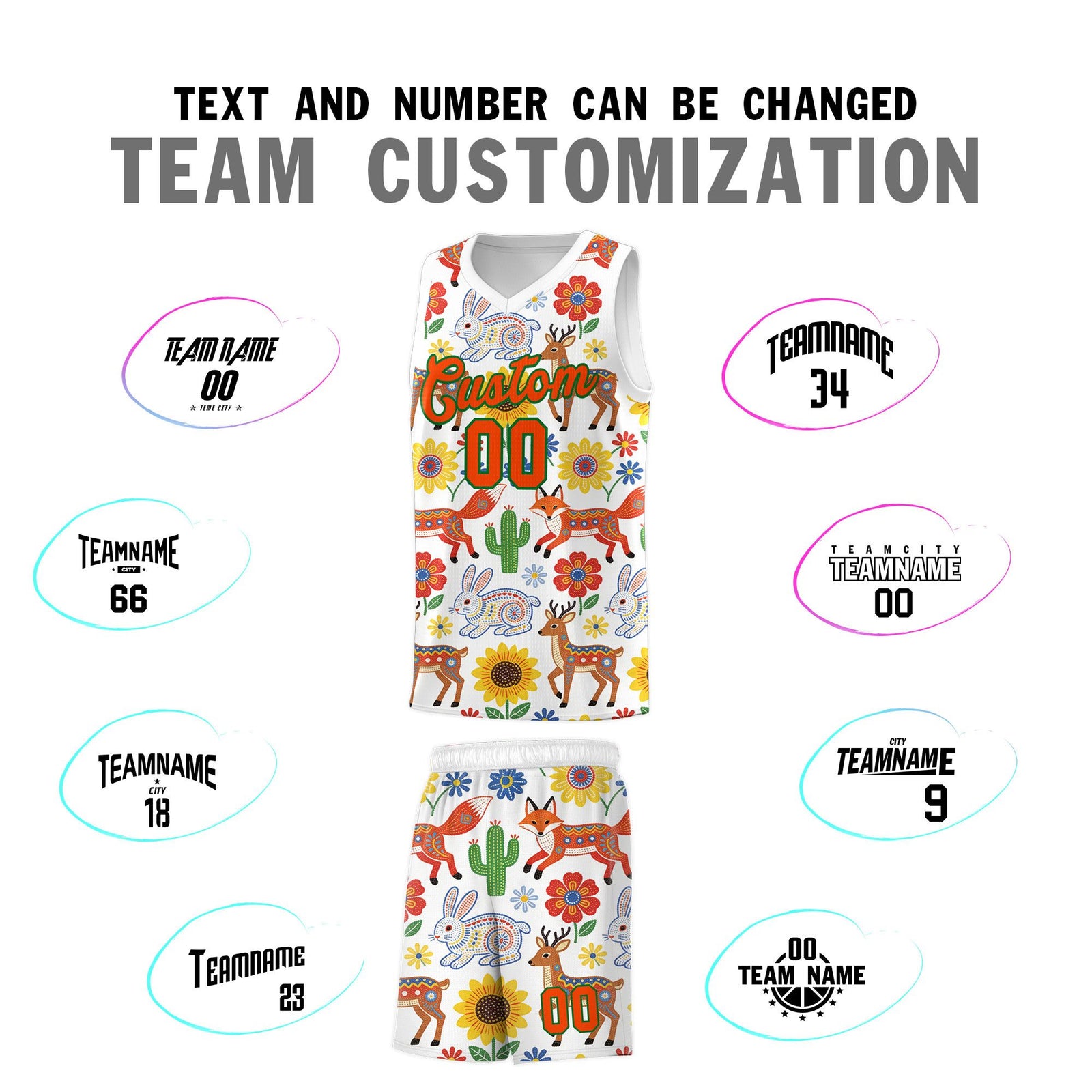 Custom White Chrysanthemum OrangeMexican Colors Graffiti Patterns Quick-Drying Uniform Basketball Jersey