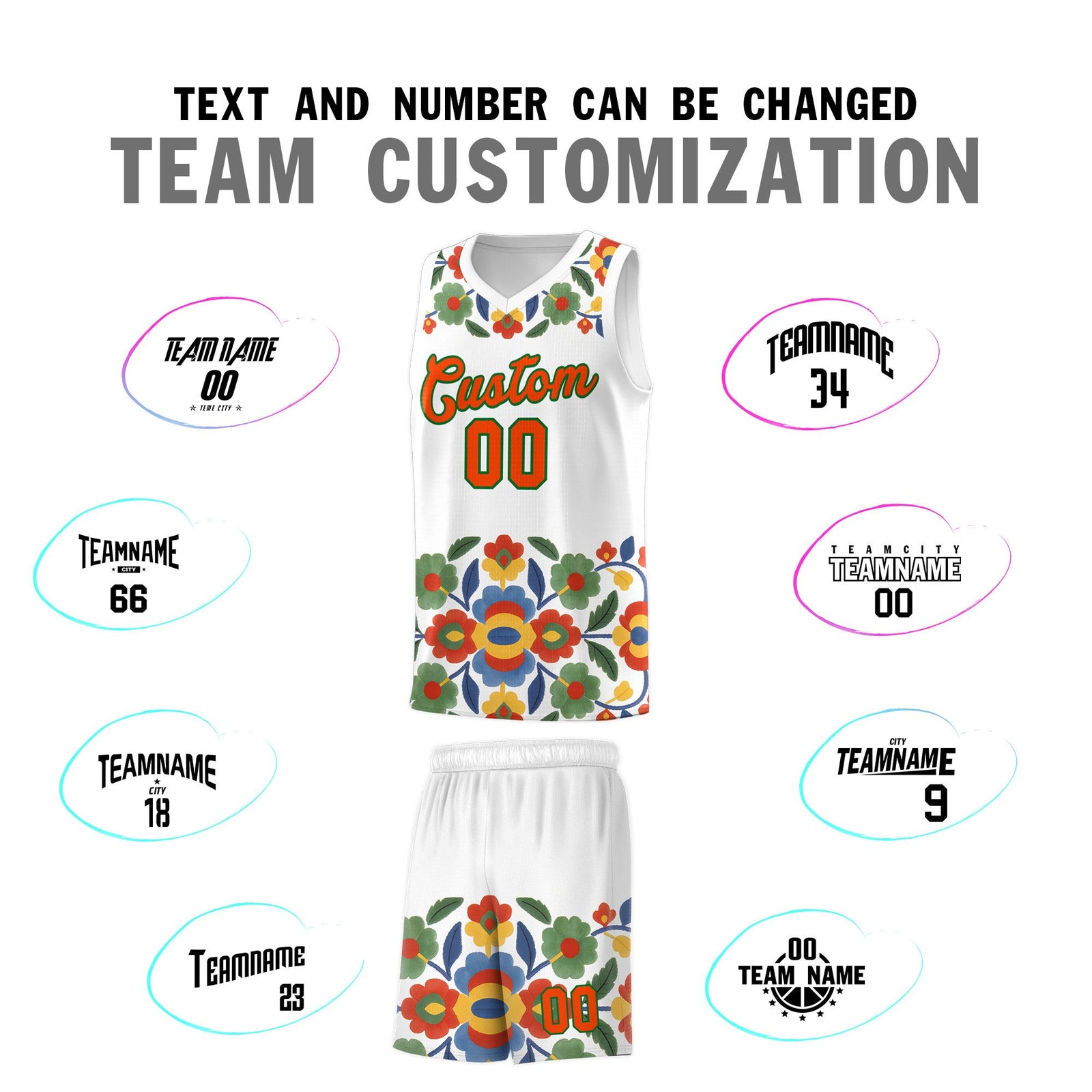 Custom White Orange Mexican Colors Graffiti Patterns Lightweight Uniform Basketball Jersey