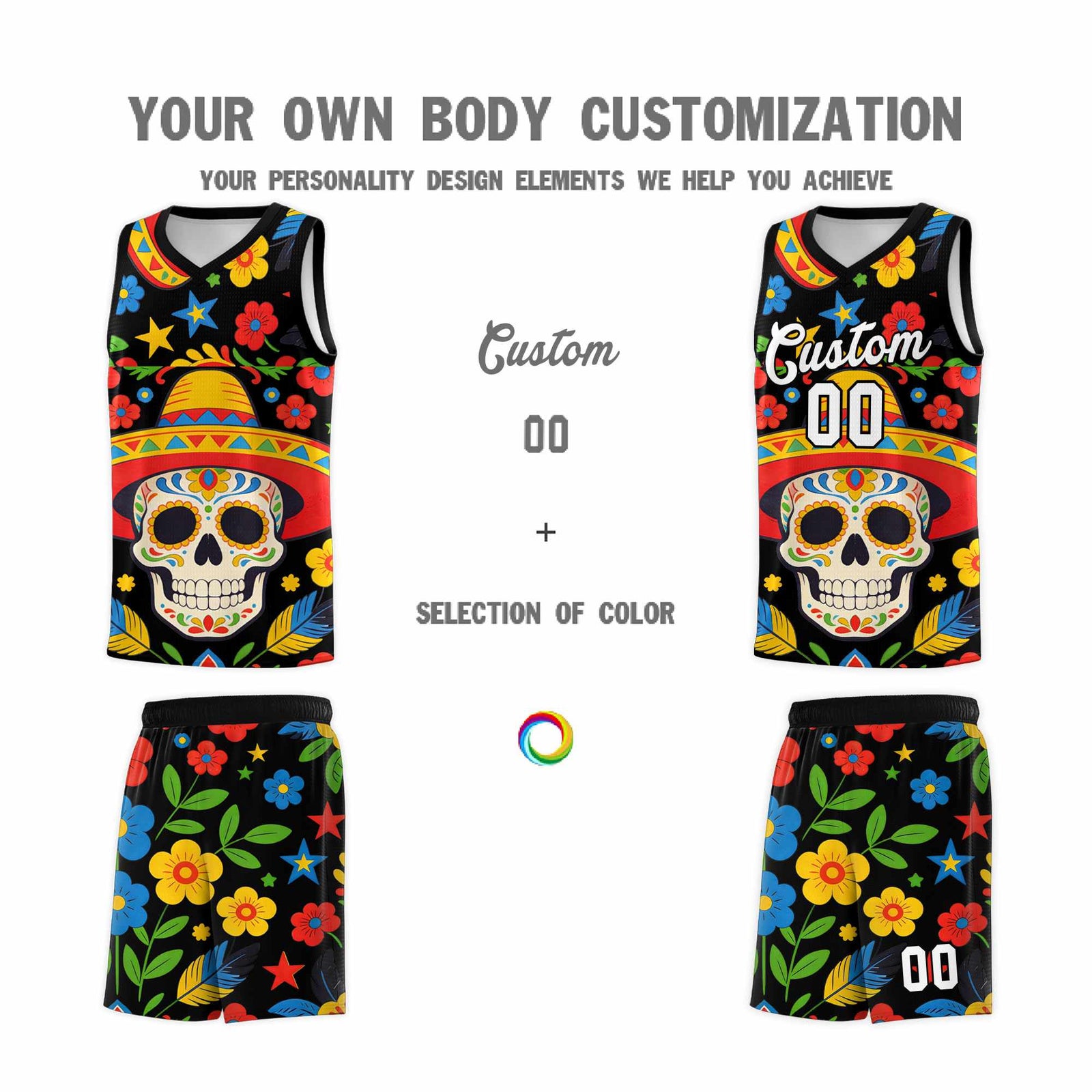 Custom Black Skeleton Mexican Colors Graffiti Patterns Breathable Uniform Basketball Jersey