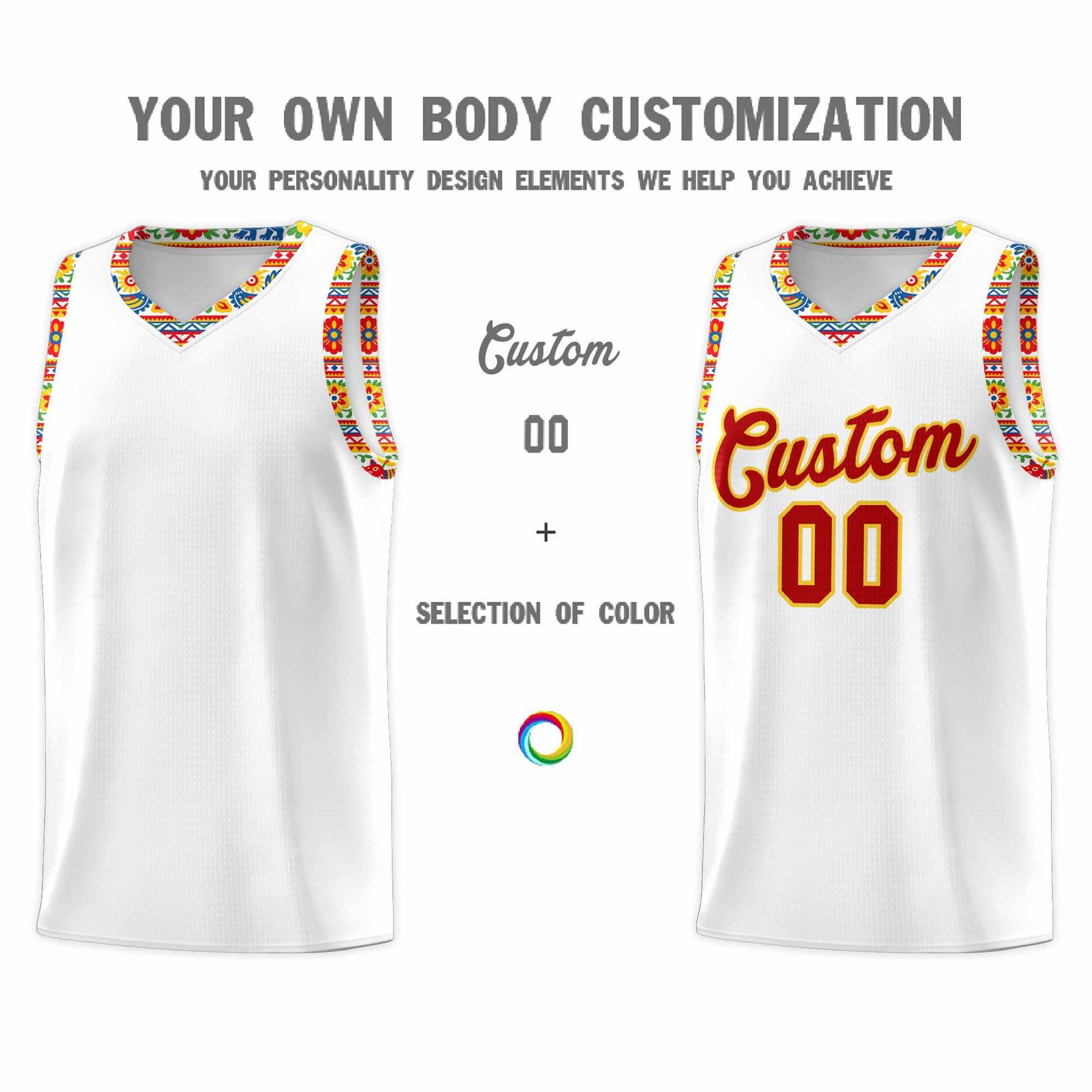 Custom White Colorfulflower pattern Mexican Colors Graffiti Patterns Wrinkle-Resistant Uniform Basketball Jersey