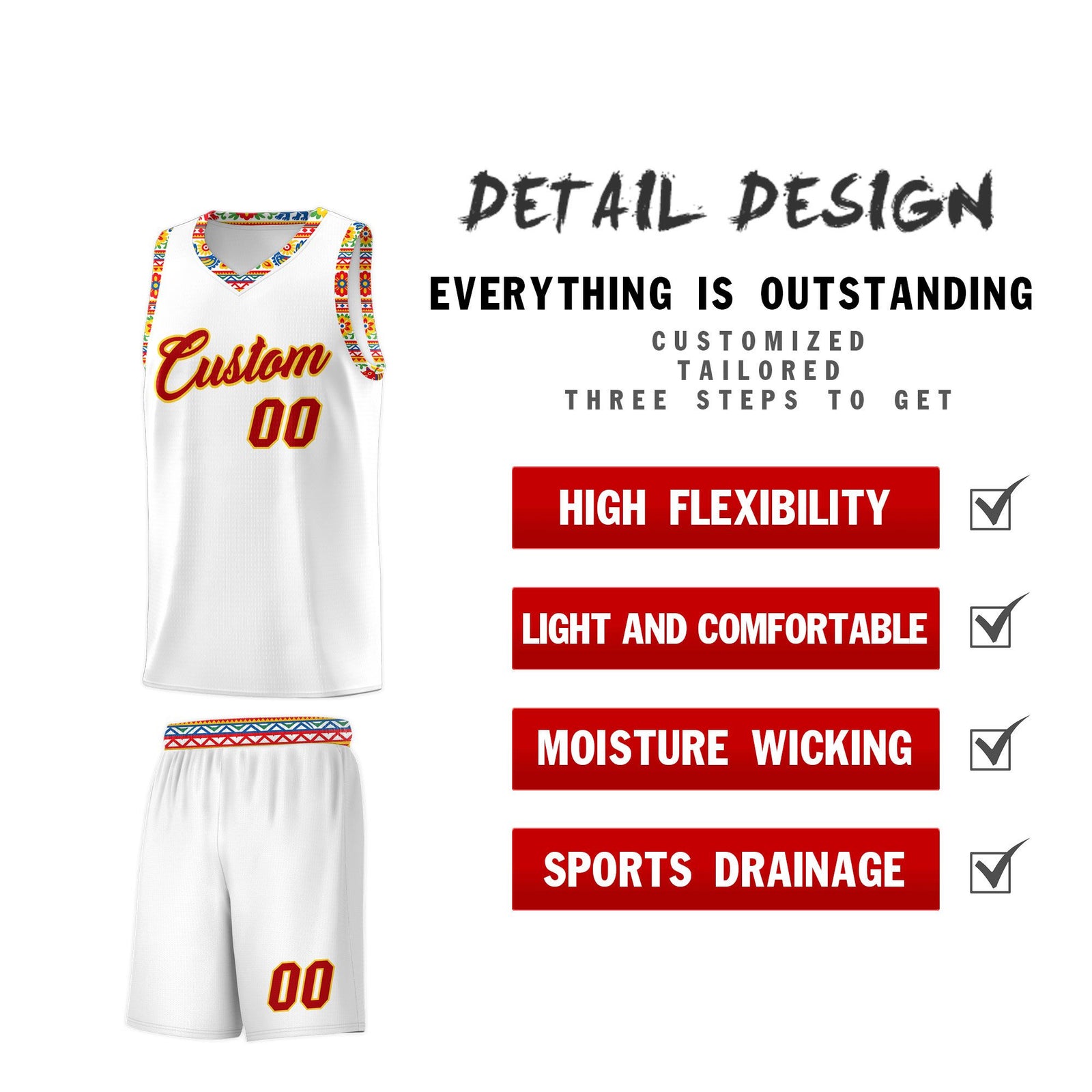 Custom White Colorfulflower pattern Mexican Colors Graffiti Patterns Wrinkle-Resistant Uniform Basketball Jersey