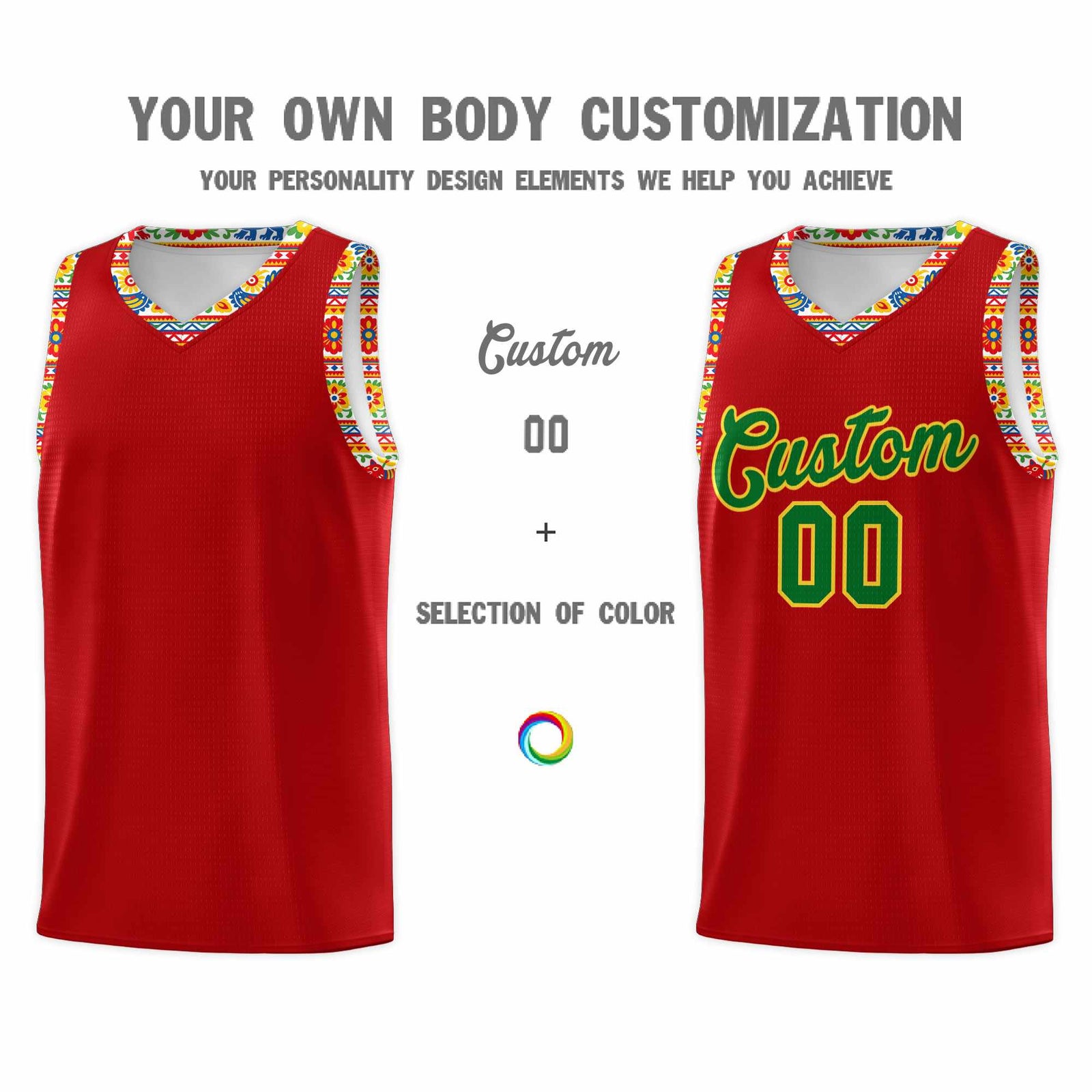 Custom Red Colorfulflower pattern Mexican Colors Graffiti Patterns Drapable Uniform Basketball Jersey