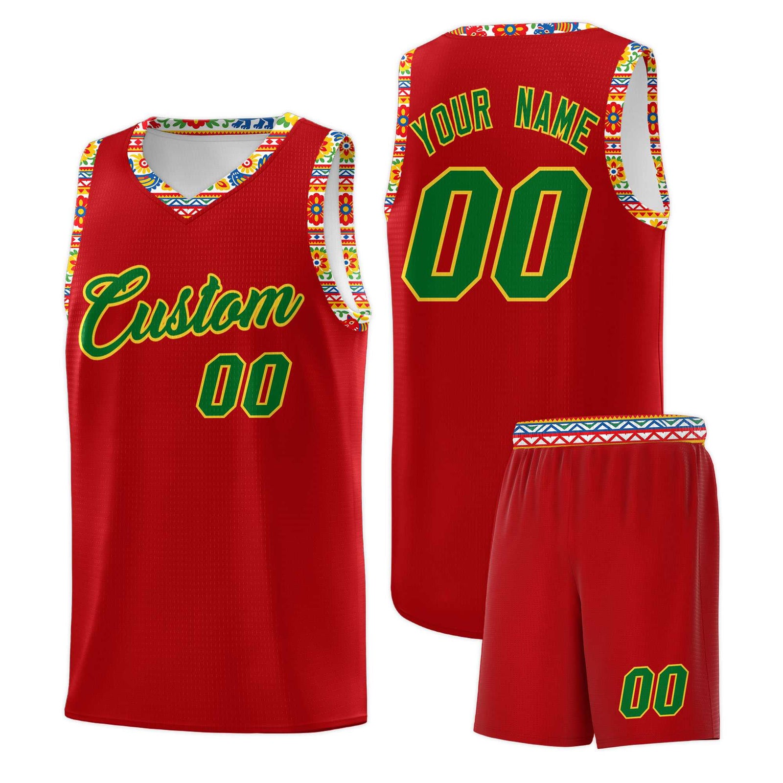 Custom Red Colorfulflower pattern Mexican Colors Graffiti Patterns Drapable Uniform Basketball Jersey