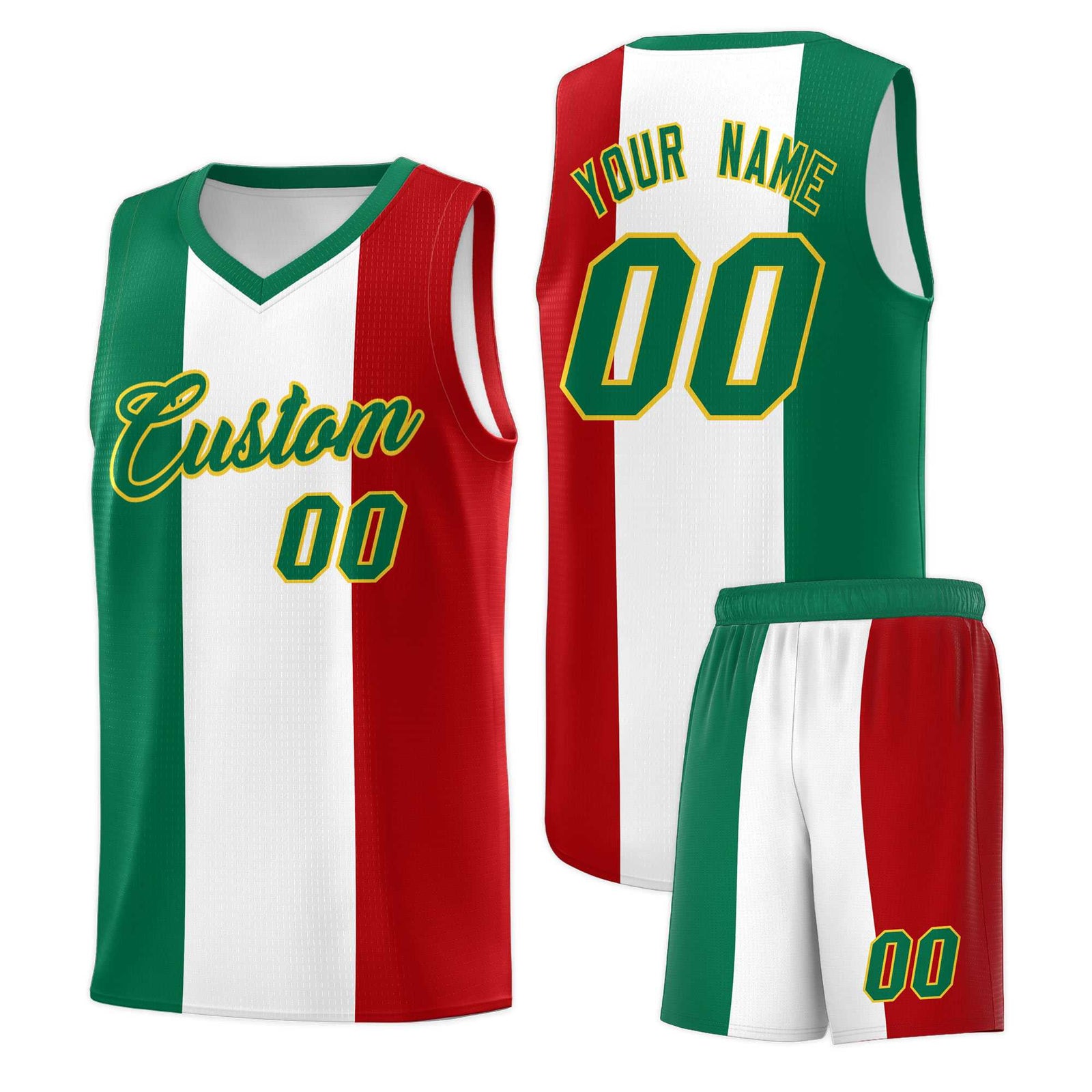 Custom White Kelly Green Red Mexican Colors Graffiti Patterns Breathable Uniform Basketball Jersey