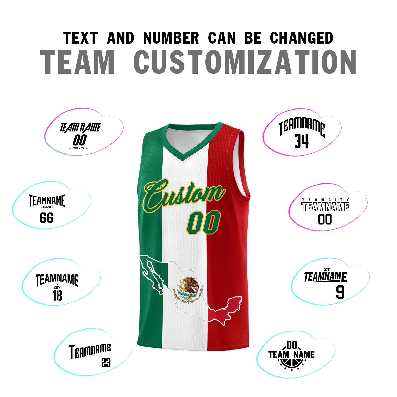 Custom White Kelly Green Red Mexican Colors Graffiti Patterns Quick-Drying Uniform Basketball Jersey