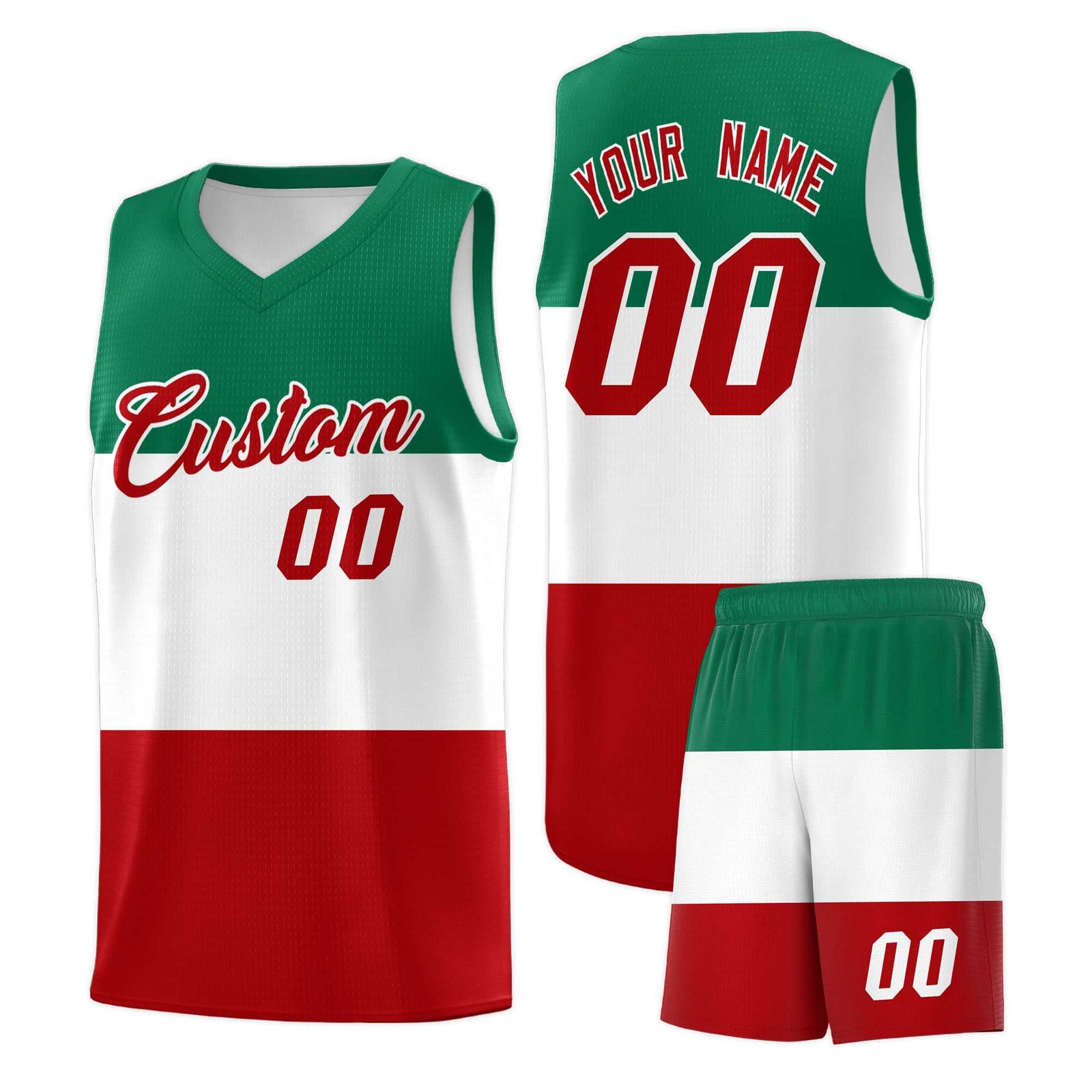 Custom White Kelly Green Red Mexican Colors Graffiti Patterns Drapable Uniform Basketball Jersey