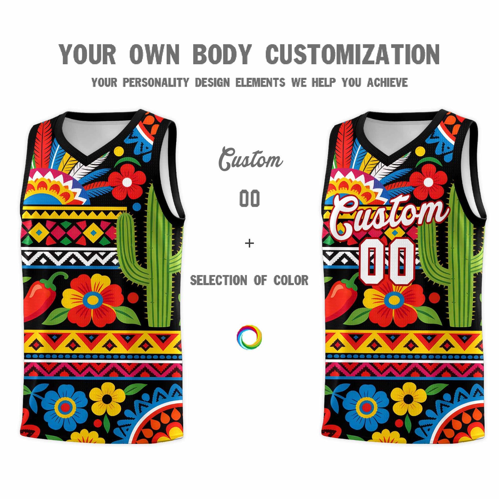 Custom Black Cactus Mexican Colors Graffiti Patterns Wrinkle-Resistant Uniform Basketball Jersey
