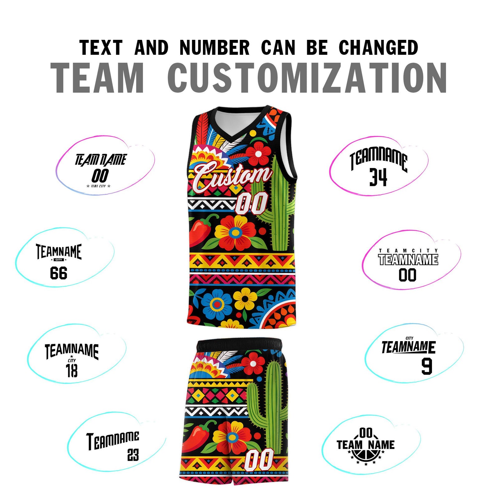 Custom Black Cactus Mexican Colors Graffiti Patterns Wrinkle-Resistant Uniform Basketball Jersey