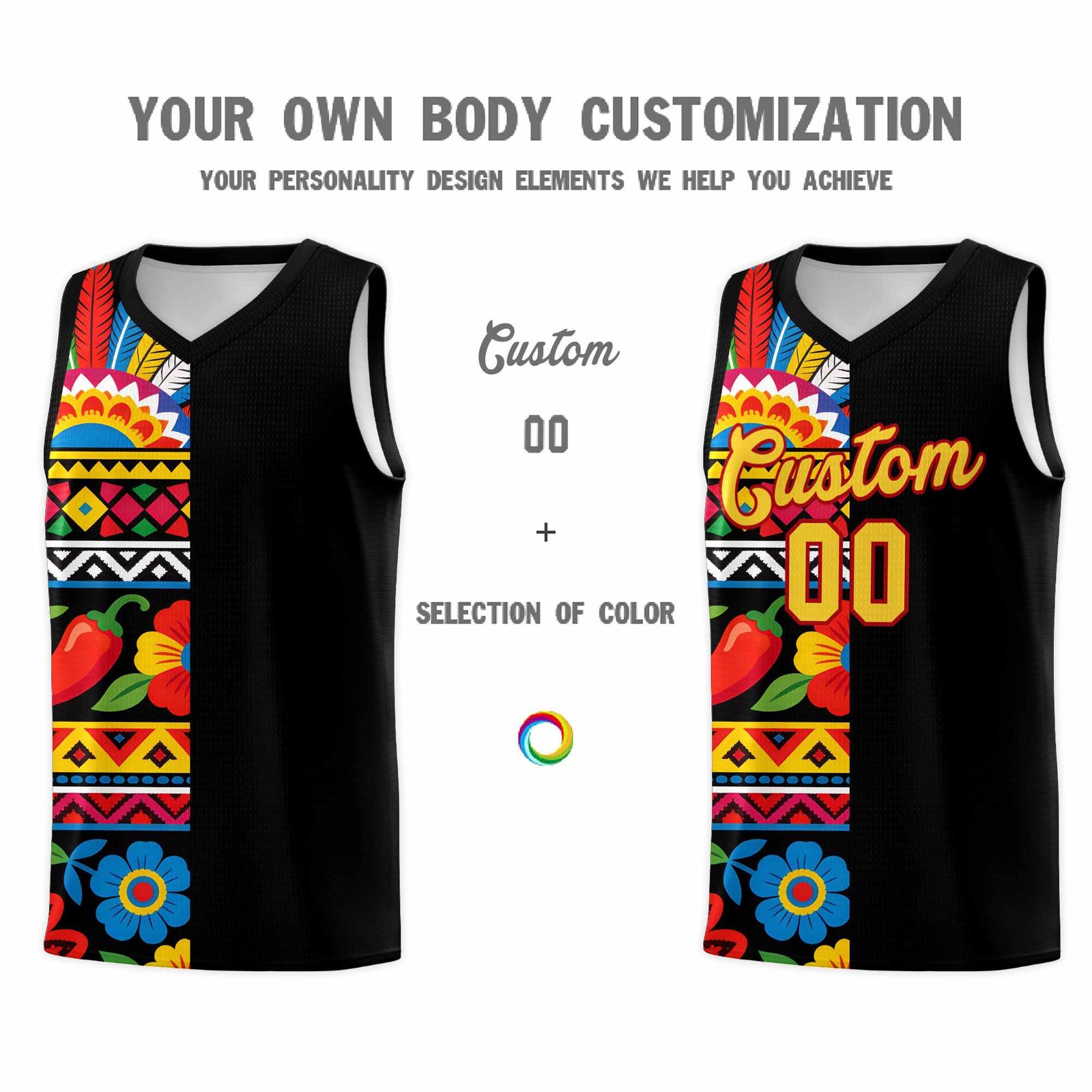 Custom Black Cactus Mexican Colors Graffiti Patterns Drapable Uniform Basketball Jersey