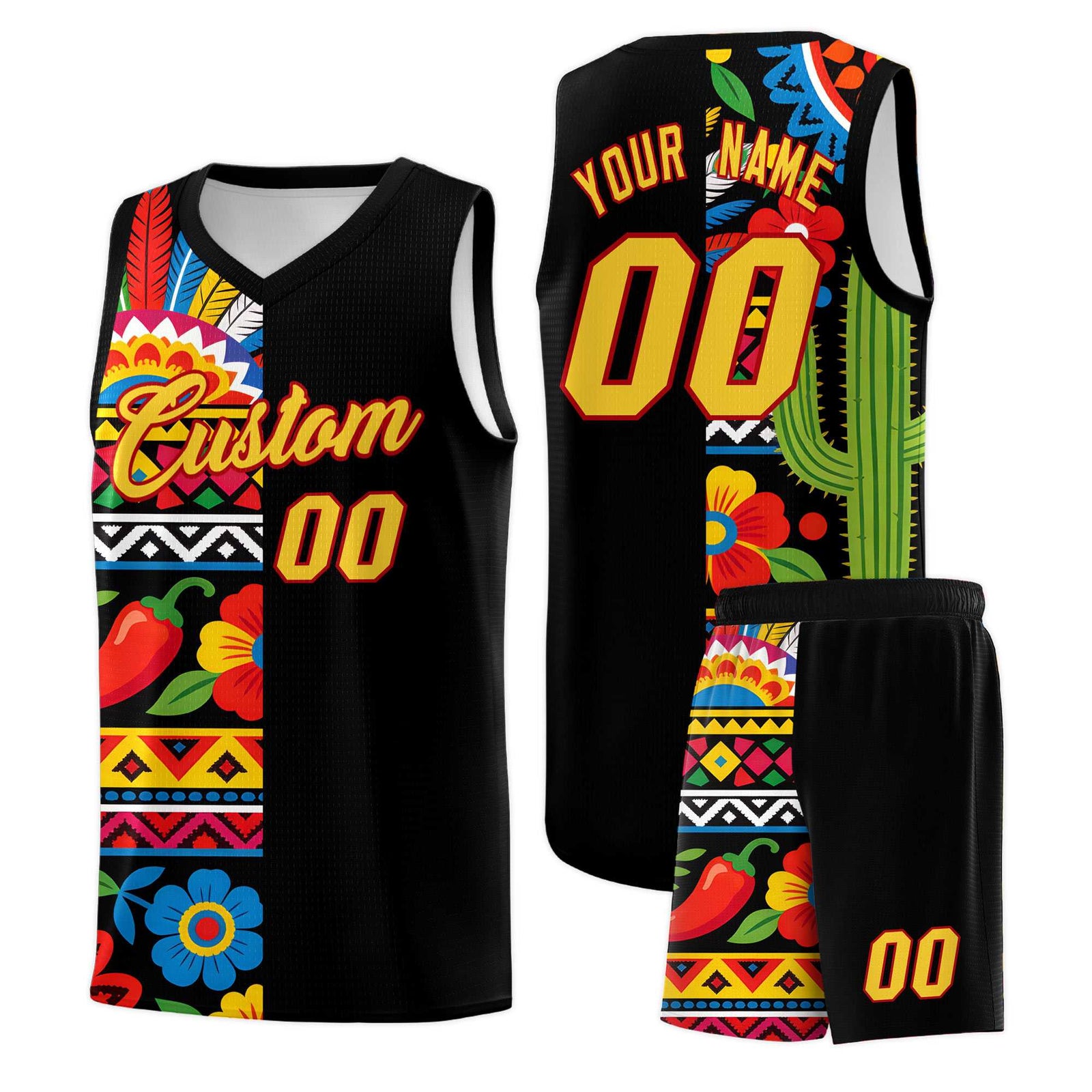 Custom Black Cactus Mexican Colors Graffiti Patterns Drapable Uniform Basketball Jersey