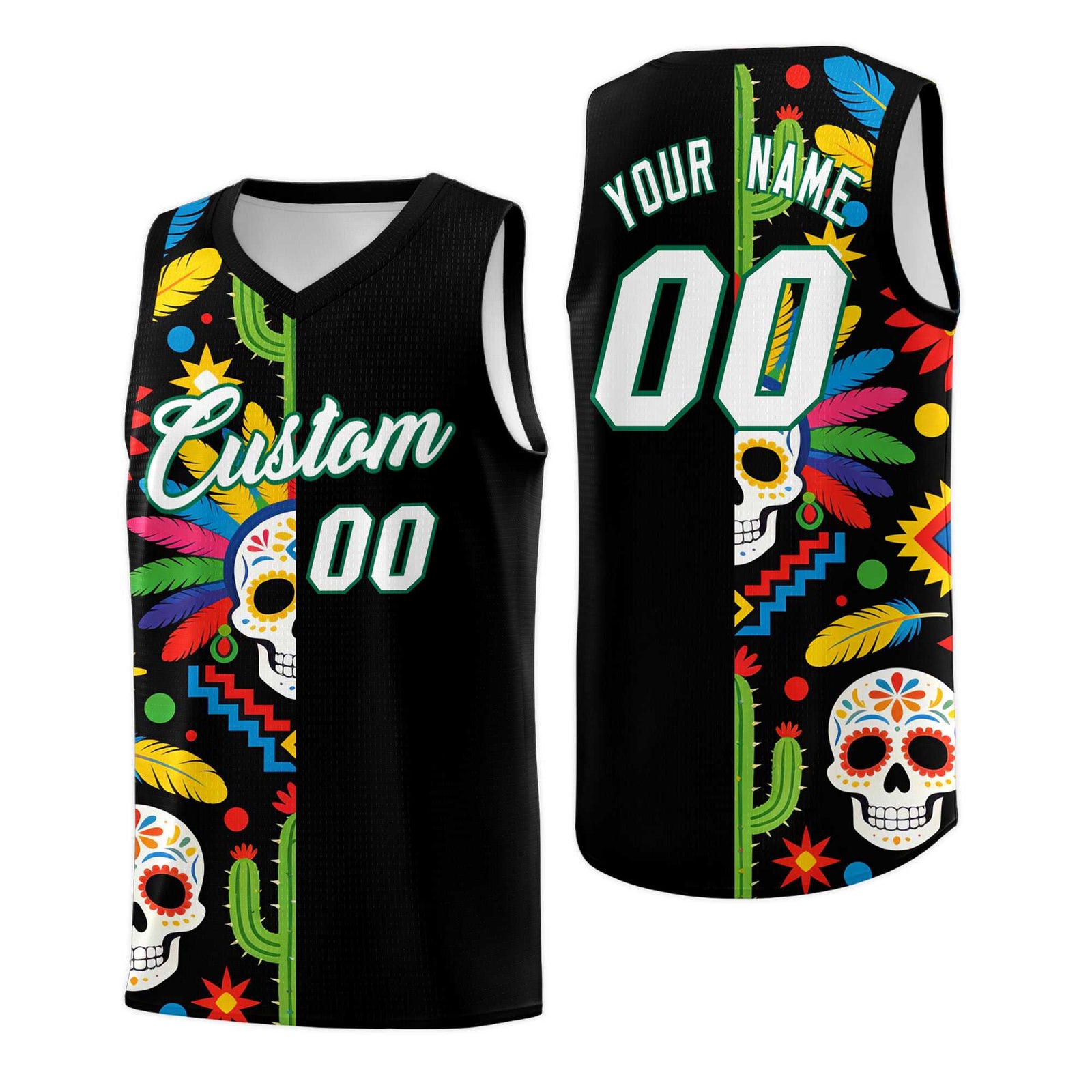 Custom Black Skeleton Mexican Colors Graffiti Patterns Breathable Uniform Basketball Jersey