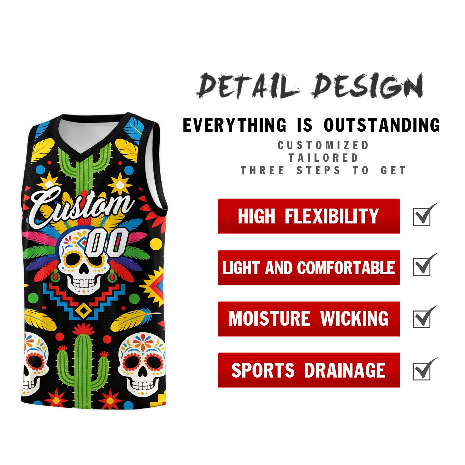 Custom Black Skeleton Mexican Colors Graffiti Patterns Quick-Drying Uniform Basketball Jersey