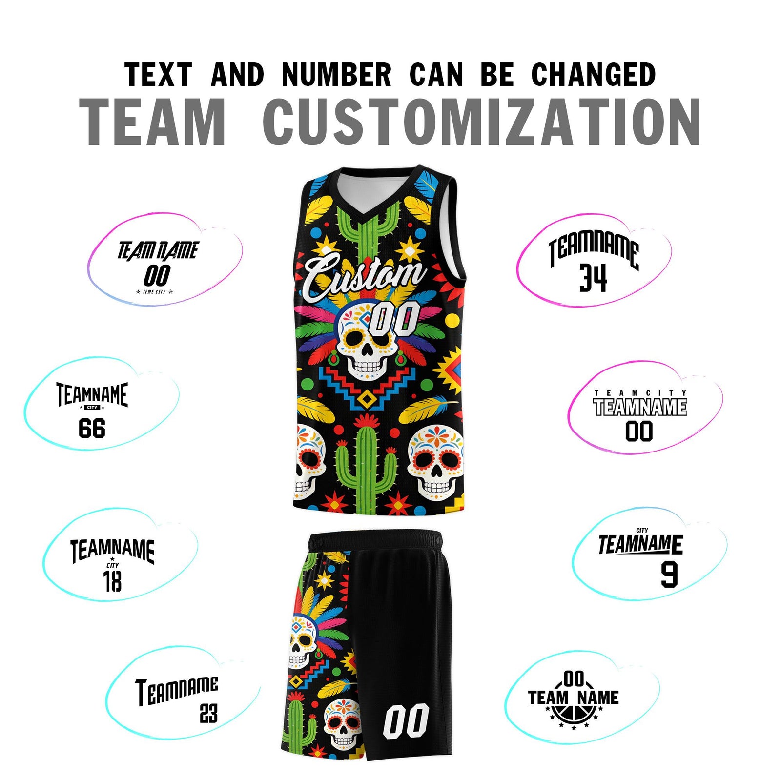 Custom Black Skeleton Mexican Colors Graffiti Patterns Quick-Drying Uniform Basketball Jersey