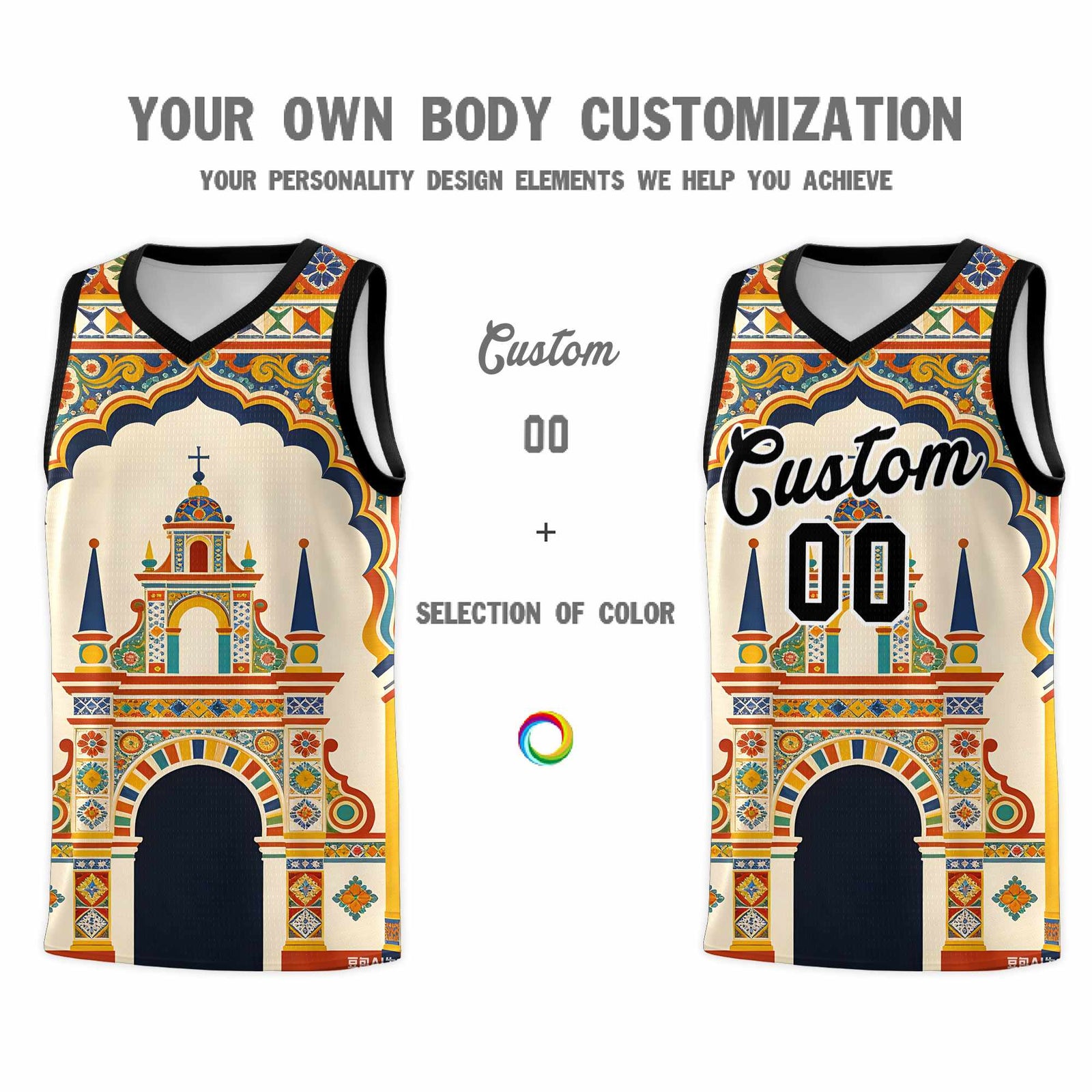 Custom Palace pattern Black Mexican Colors Graffiti Patterns Breathable Uniform Basketball Jersey