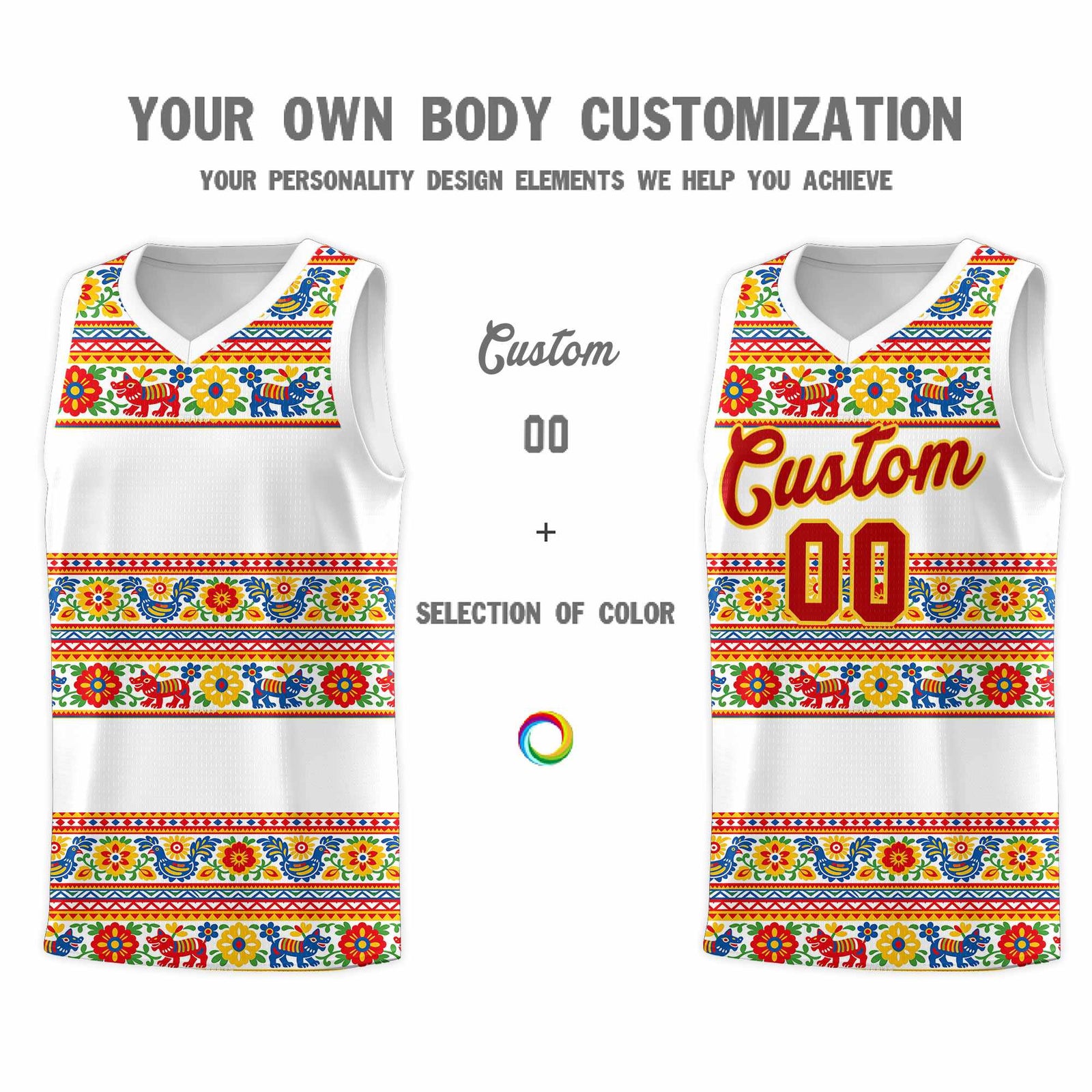 Custom White Colorfulflower pattern Mexican Colors Graffiti Patterns Quick-Drying Uniform Basketball Jersey