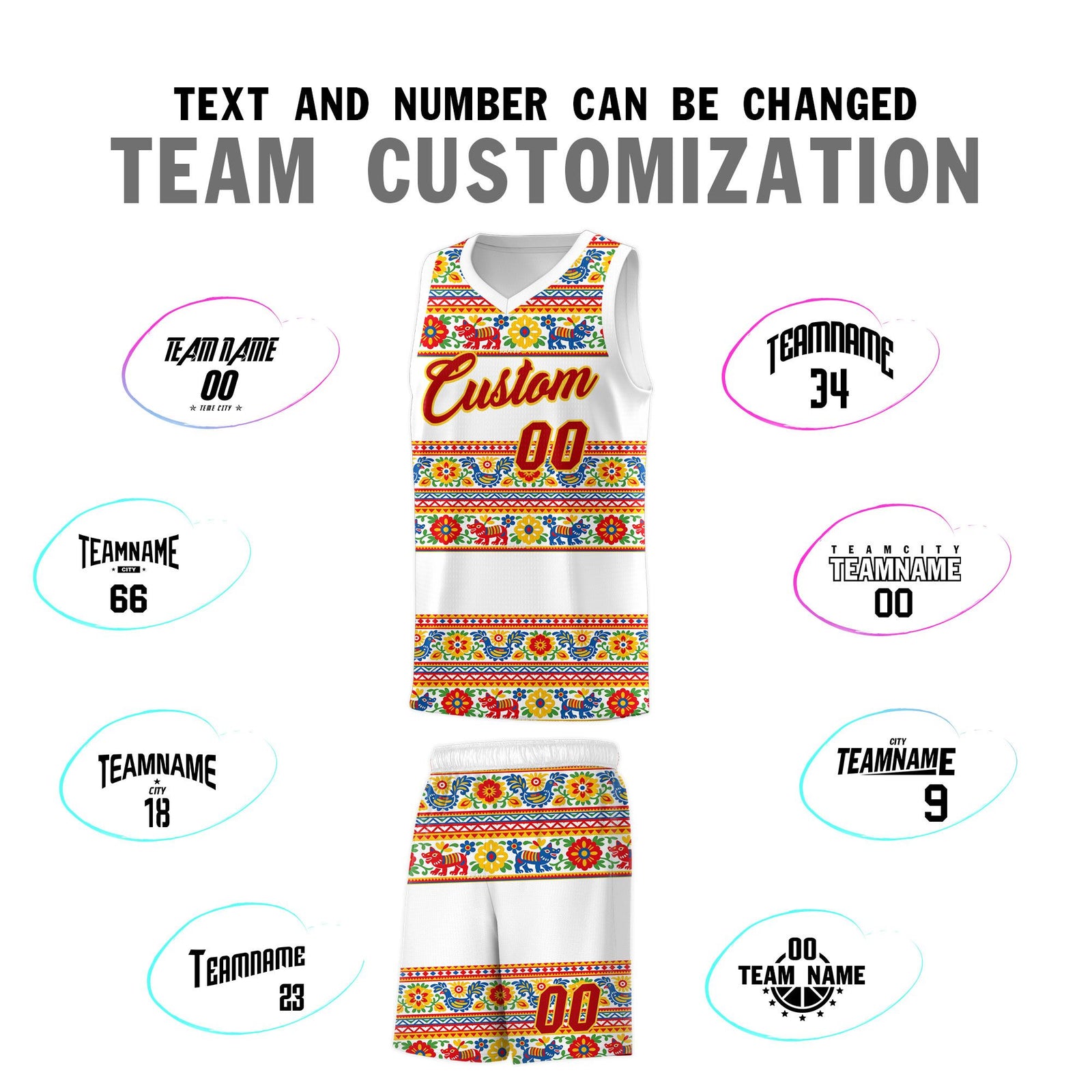 Custom White Colorfulflower pattern Mexican Colors Graffiti Patterns Quick-Drying Uniform Basketball Jersey