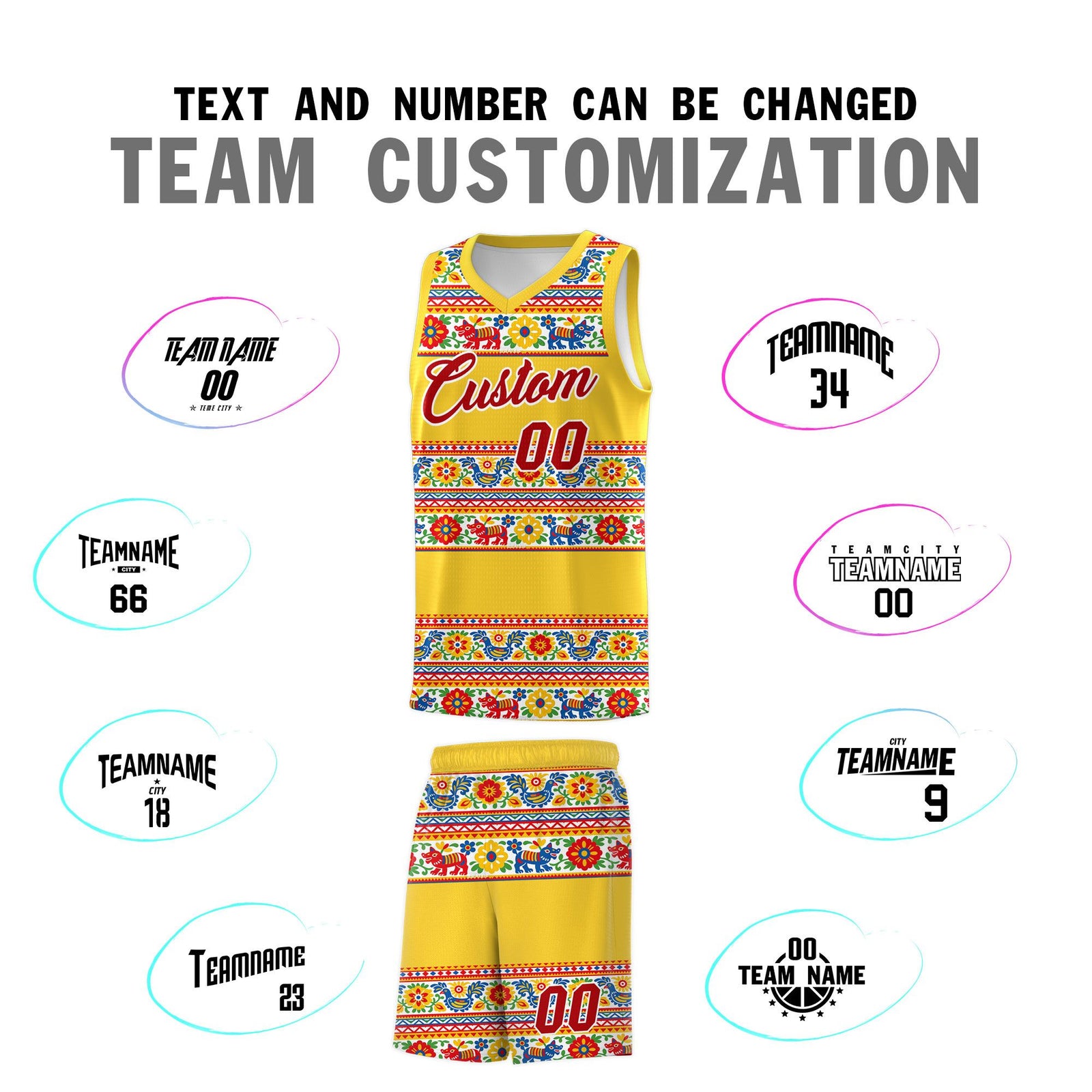 Custom Gold Colorfulflower pattern Mexican Colors Graffiti Patterns Lightweight Uniform Basketball Jersey