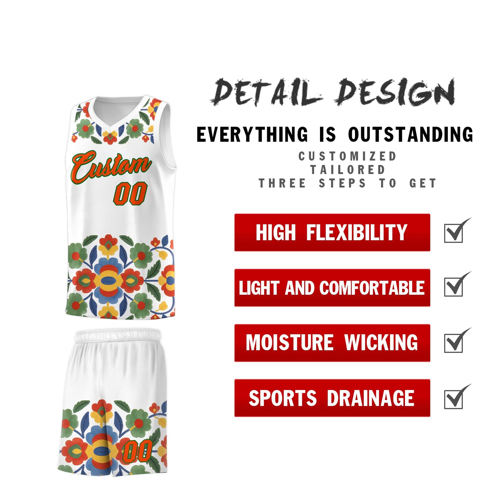 Custom White Orange Mexican Colors Graffiti Patterns Lightweight Uniform Basketball Jersey