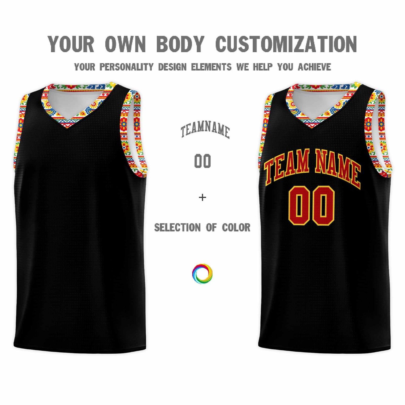 Custom Black Colorfulflower pattern Mexican Colors Graffiti Patterns Sublimation Printing Uniform Basketball Jersey