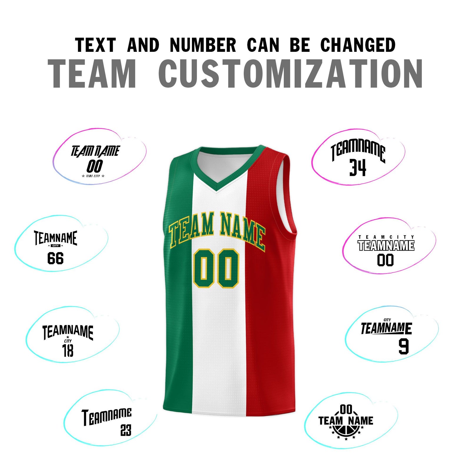 Custom White Kelly Green Red Mexican Colors Graffiti Patterns Breathable Uniform Basketball Jersey