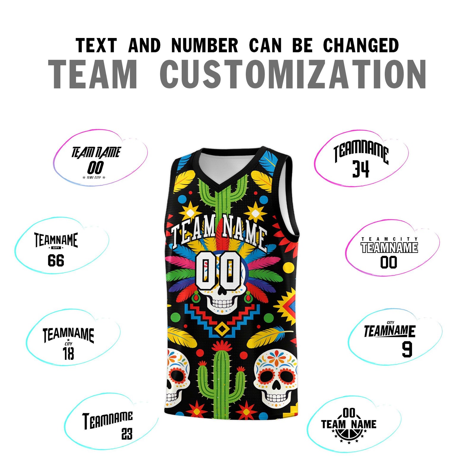 Custom Black Skeleton Mexican Colors Graffiti Patterns Quick-Drying Uniform Basketball Jersey
