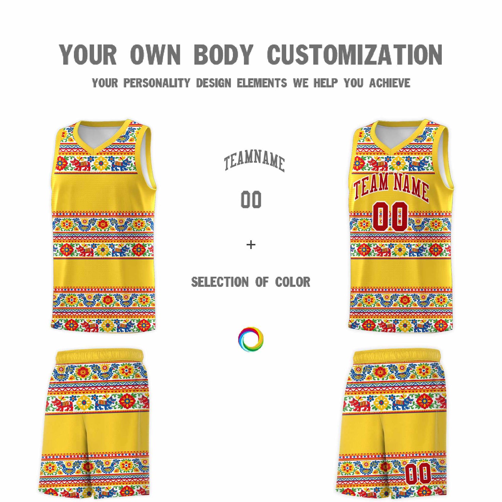Custom Gold Colorfulflower pattern Mexican Colors Graffiti Patterns Lightweight Uniform Basketball Jersey