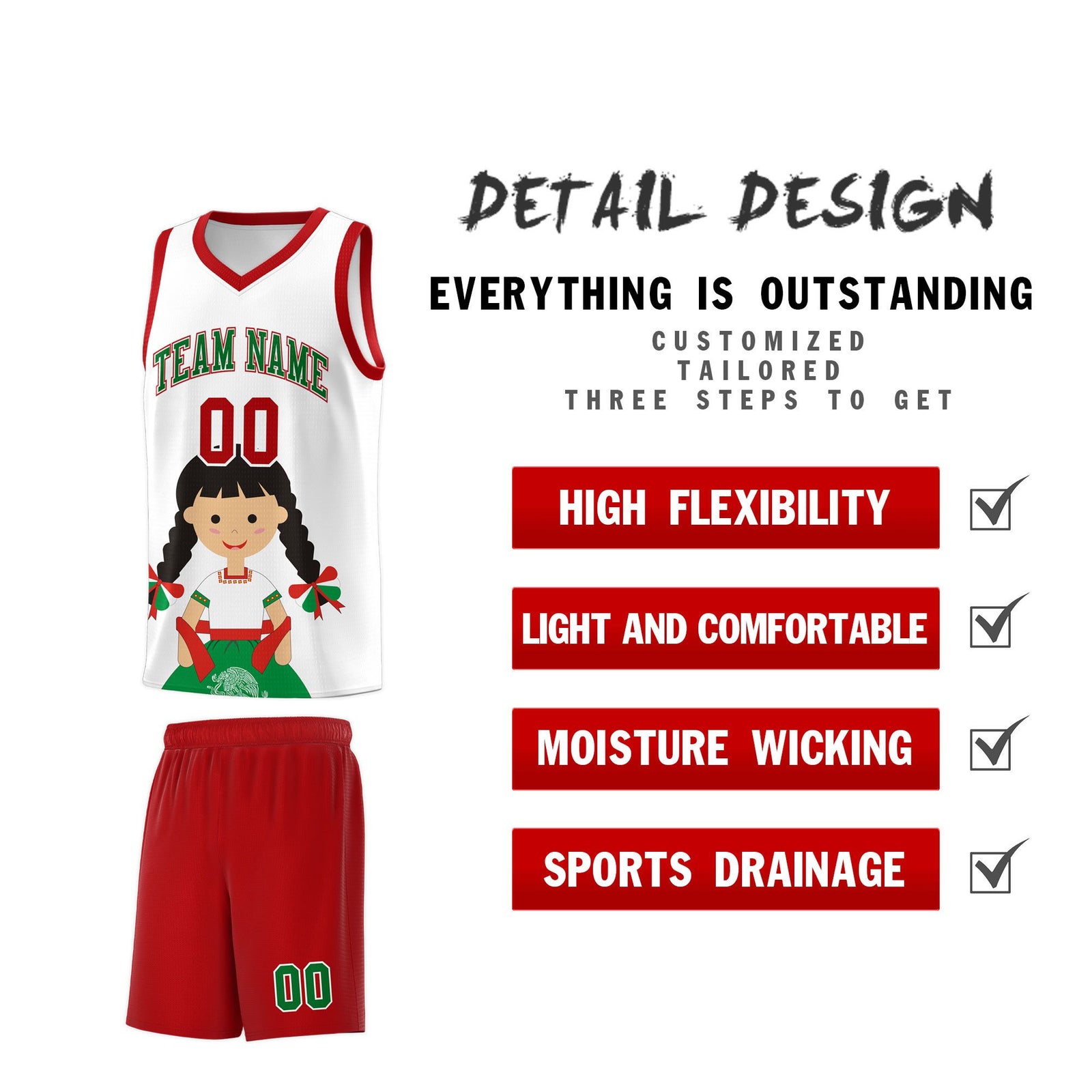 Custom White Red Mexican Colors Graffiti Patterns Sublimation Printing Uniform Basketball Jersey