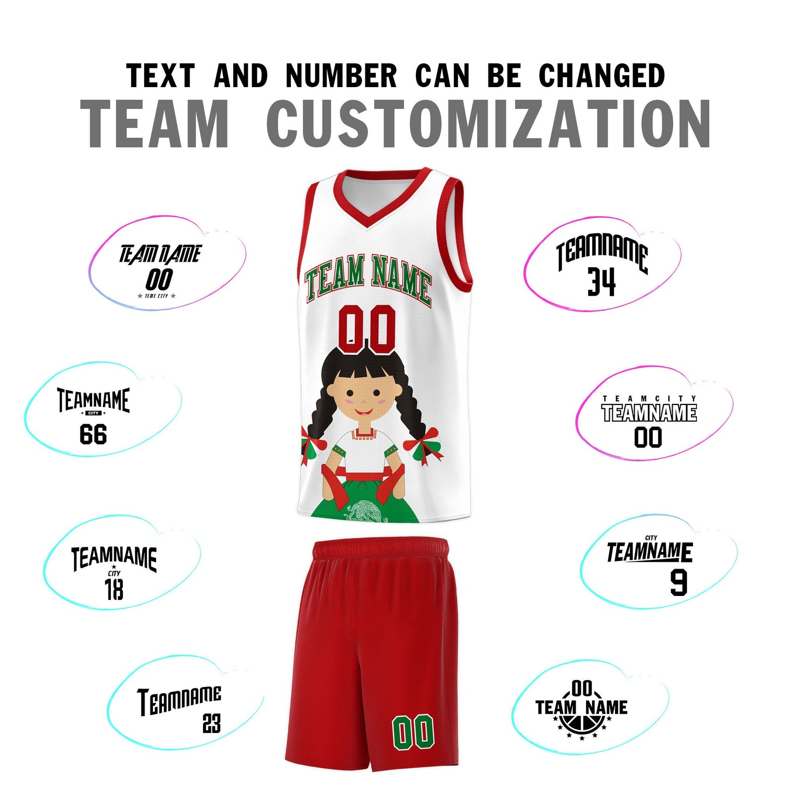 Custom White Red Mexican Colors Graffiti Patterns Sublimation Printing Uniform Basketball Jersey