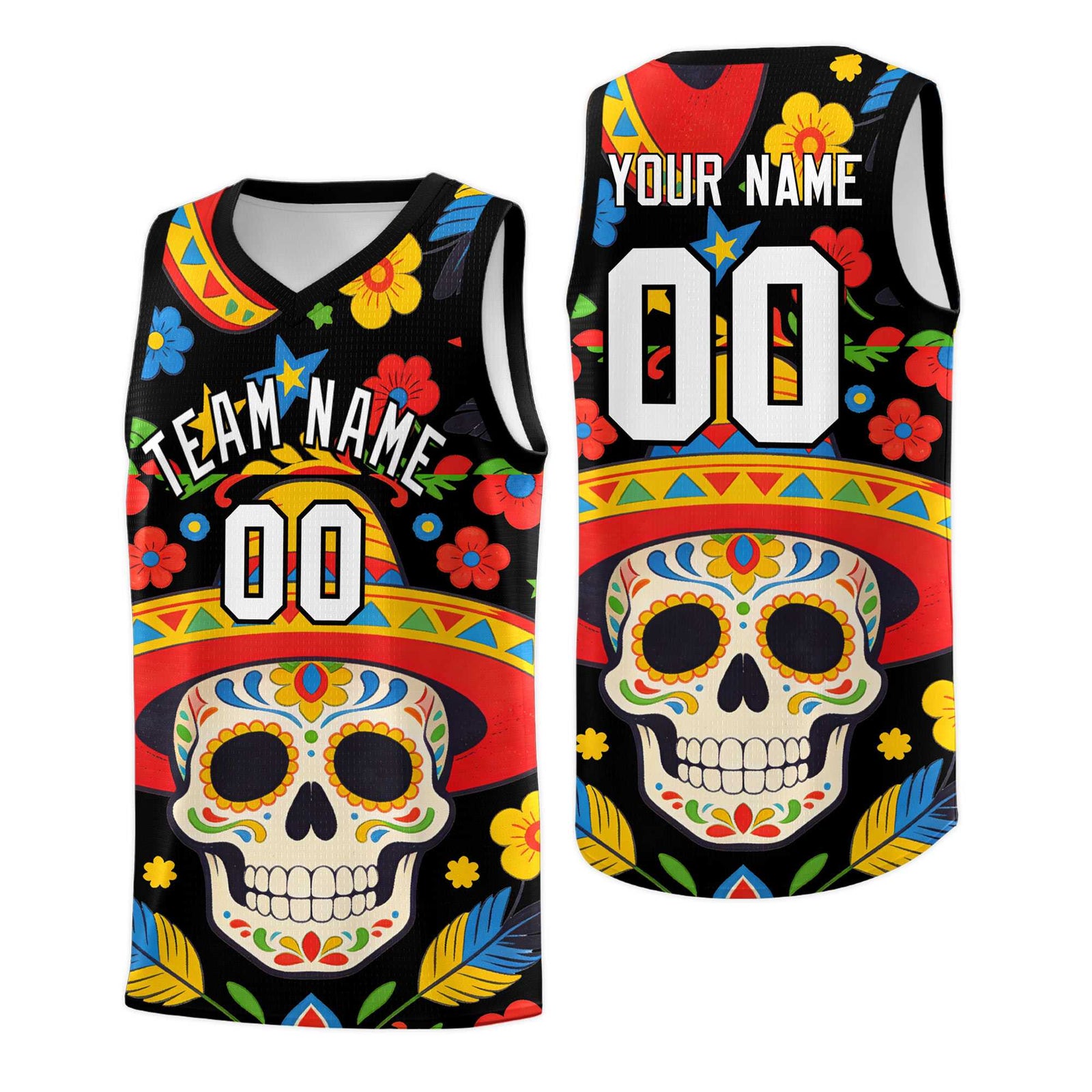 Custom Black Skeleton Mexican Colors Graffiti Patterns Breathable Uniform Basketball Jersey