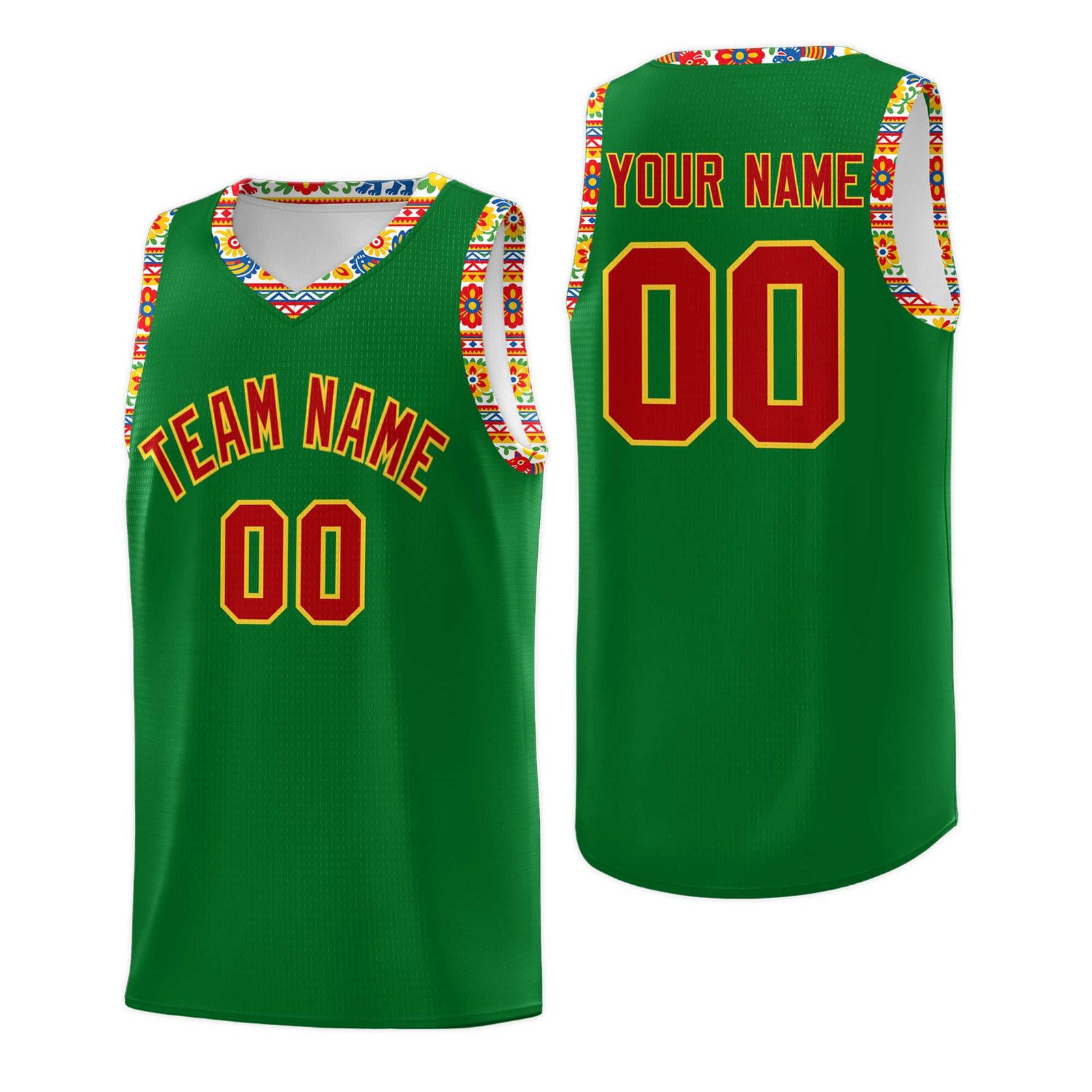 Custom Kelly Green Colorfulflower pattern Mexican Colors Graffiti Patterns Lightweight Uniform Basketball Jersey