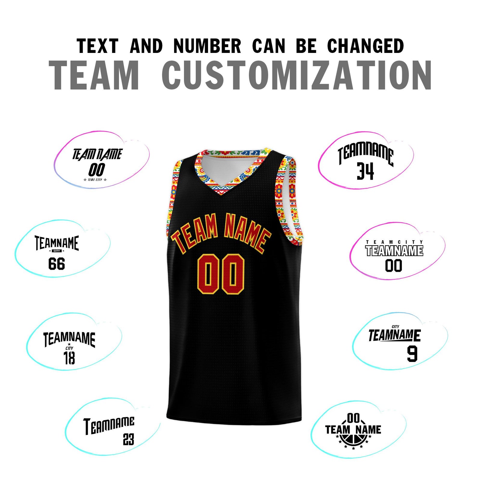 Custom Black Colorfulflower pattern Mexican Colors Graffiti Patterns Sublimation Printing Uniform Basketball Jersey