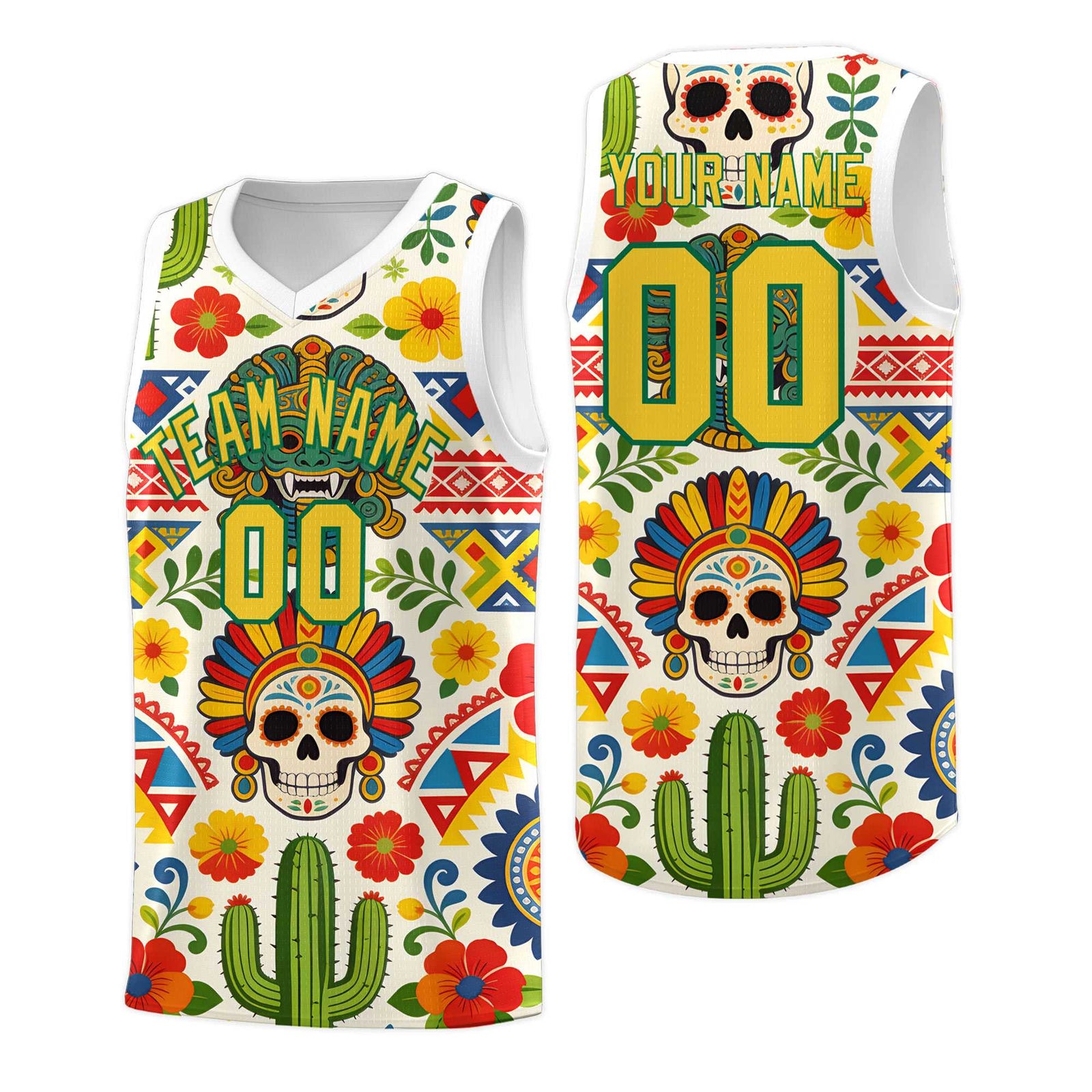 Custom White Skeleton Mexican Colors Graffiti Patterns Sublimation Printing Uniform Basketball Jersey