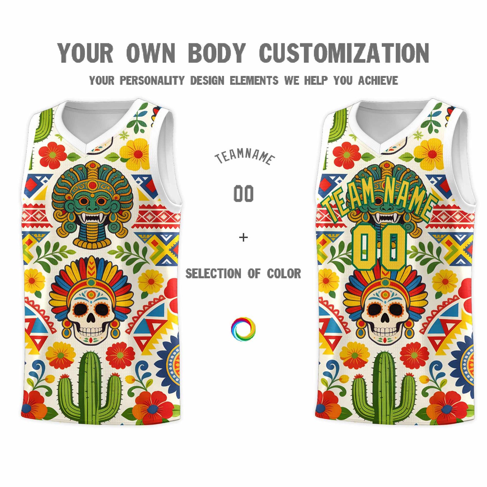 Custom White Skeleton Mexican Colors Graffiti Patterns Sublimation Printing Uniform Basketball Jersey