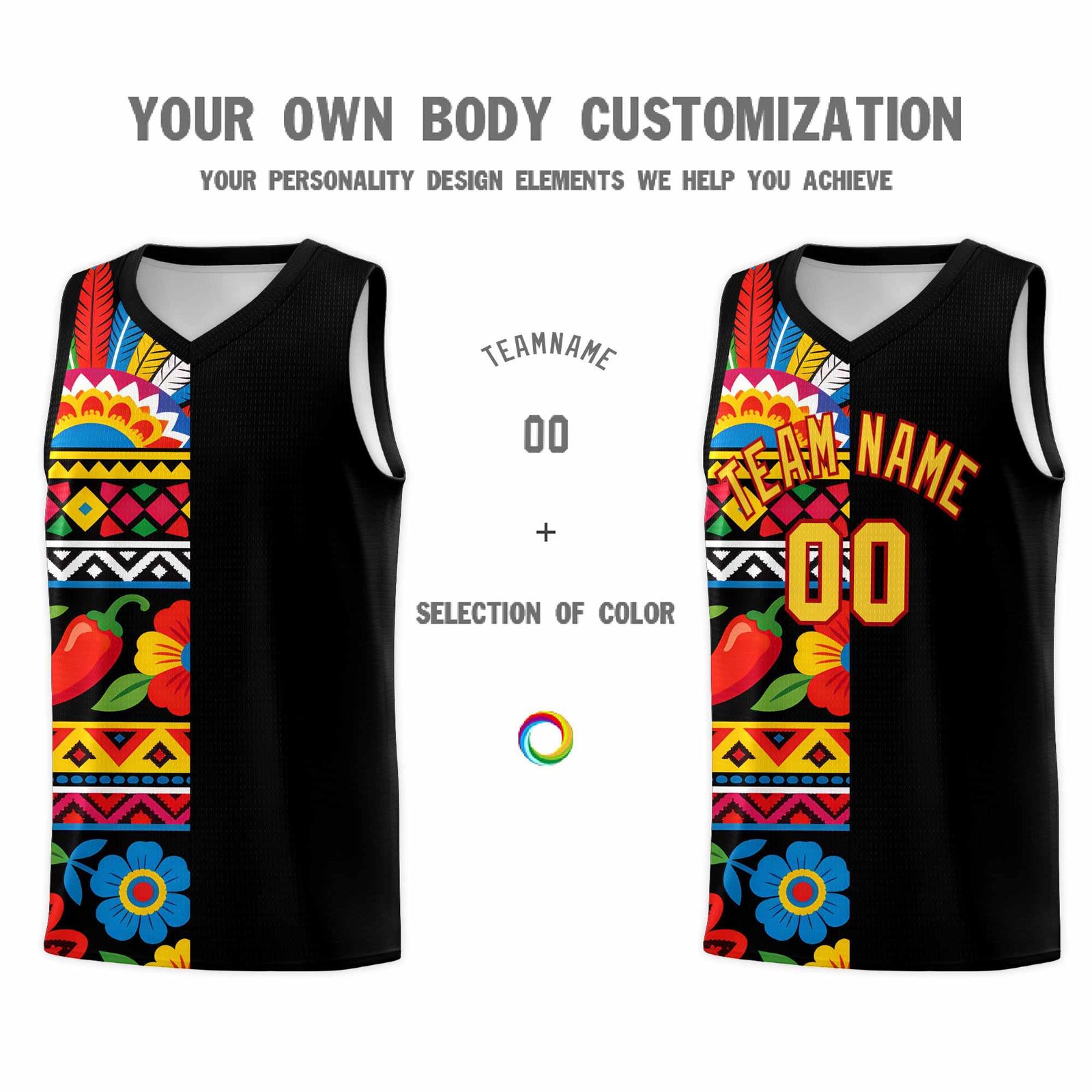 Custom Black Cactus Mexican Colors Graffiti Patterns Drapable Uniform Basketball Jersey